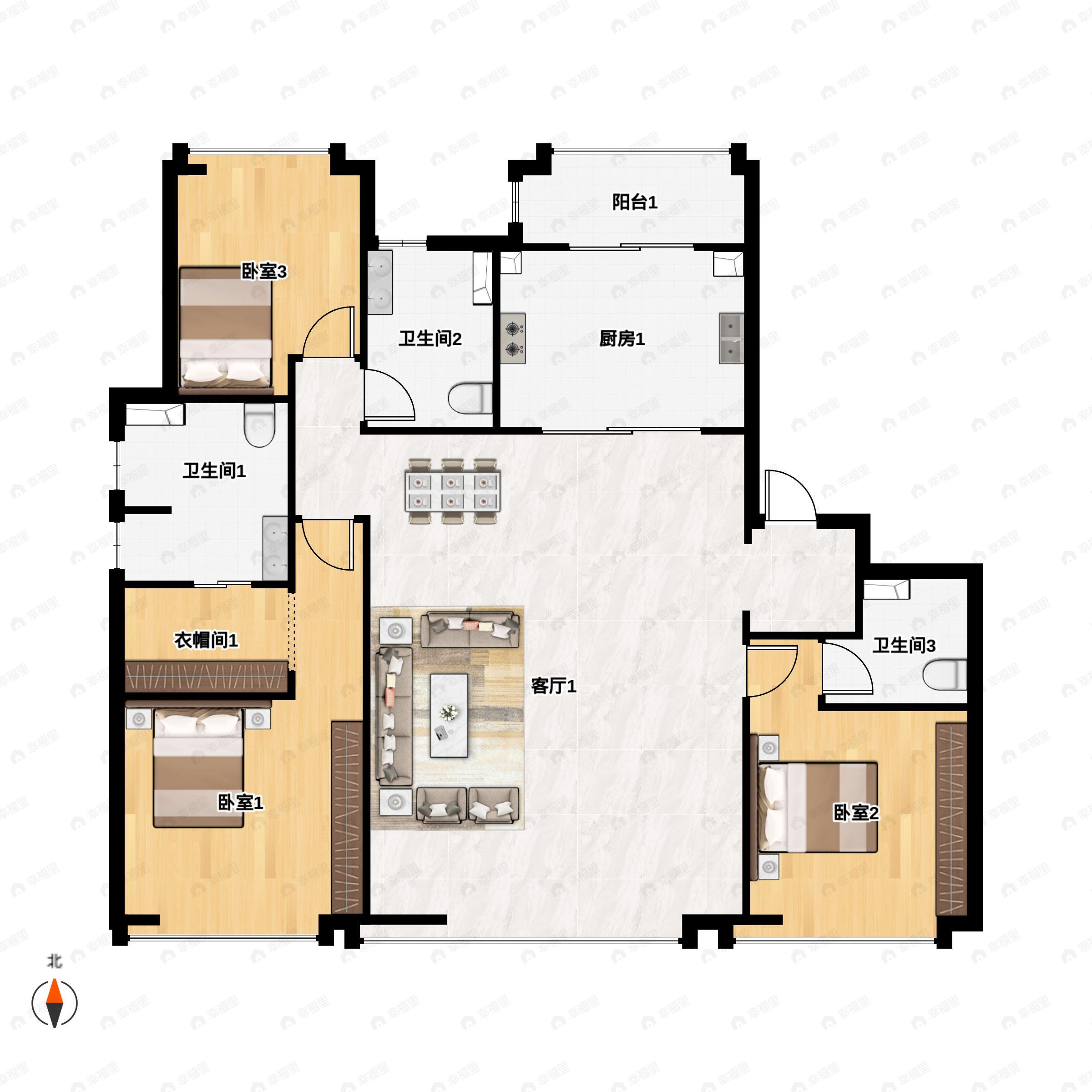 3室2厅3卫建面205m²南户型图