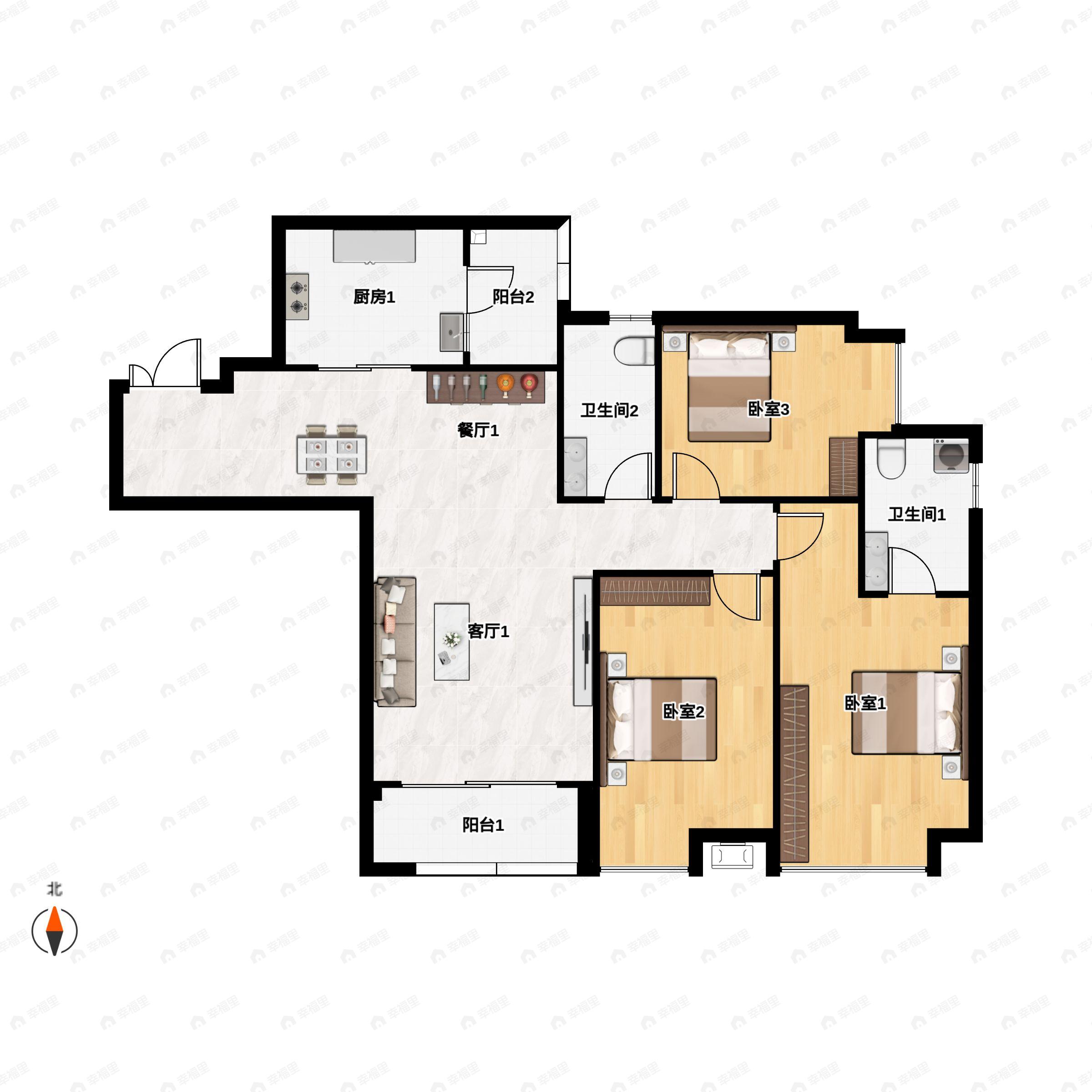 3室2厅2卫建面139平南户型图