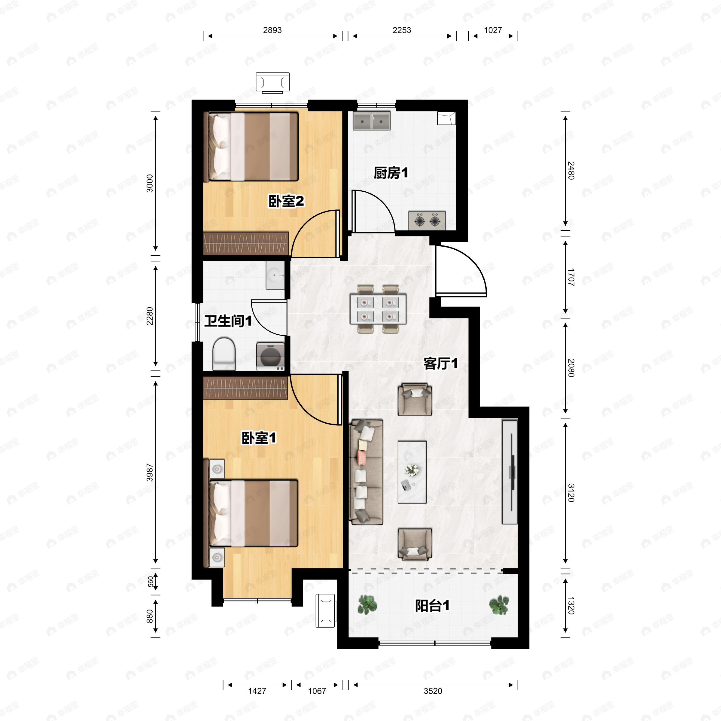 2室2厅1卫建面70m²北|南户型图