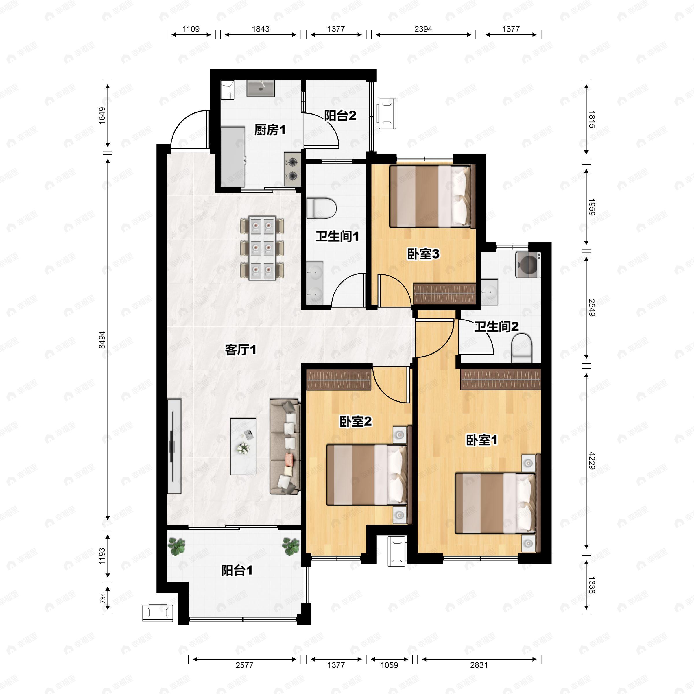 3室2厅2卫建面100平南户型图
