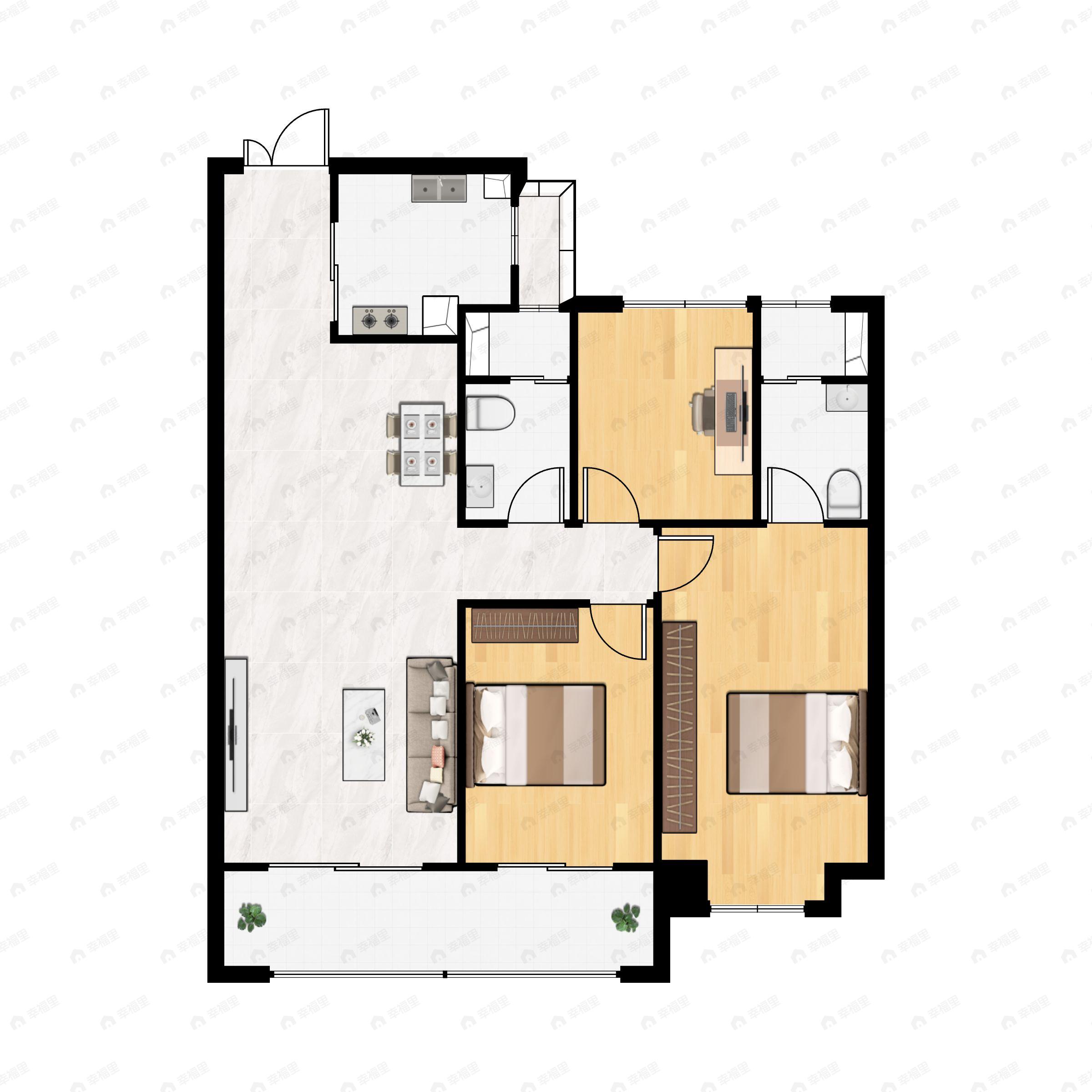 3室2厅2卫建面125m²南户型图