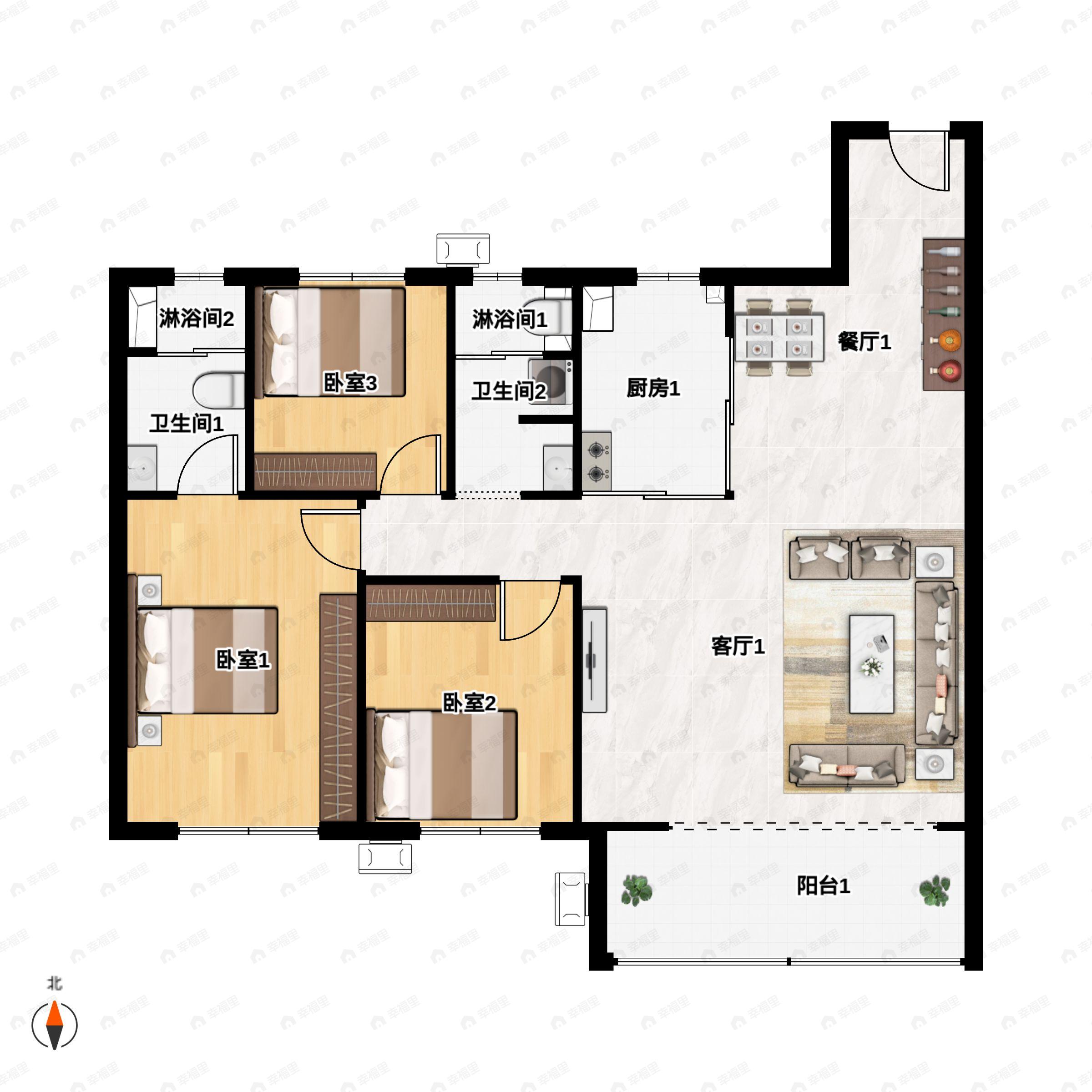 3室2厅2卫建面130m²南|北户型图
