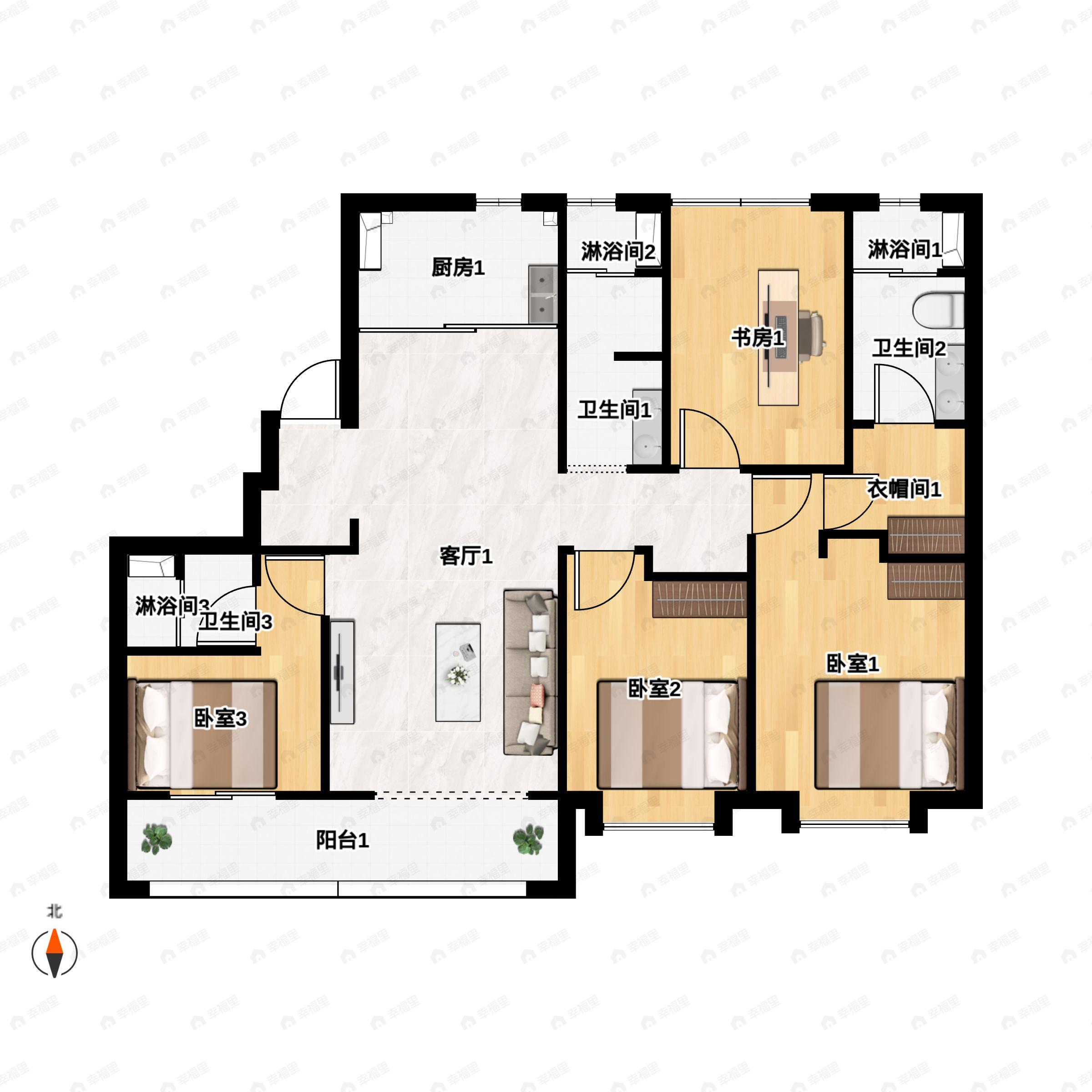 4室2厅3卫建面191平南|北户型图