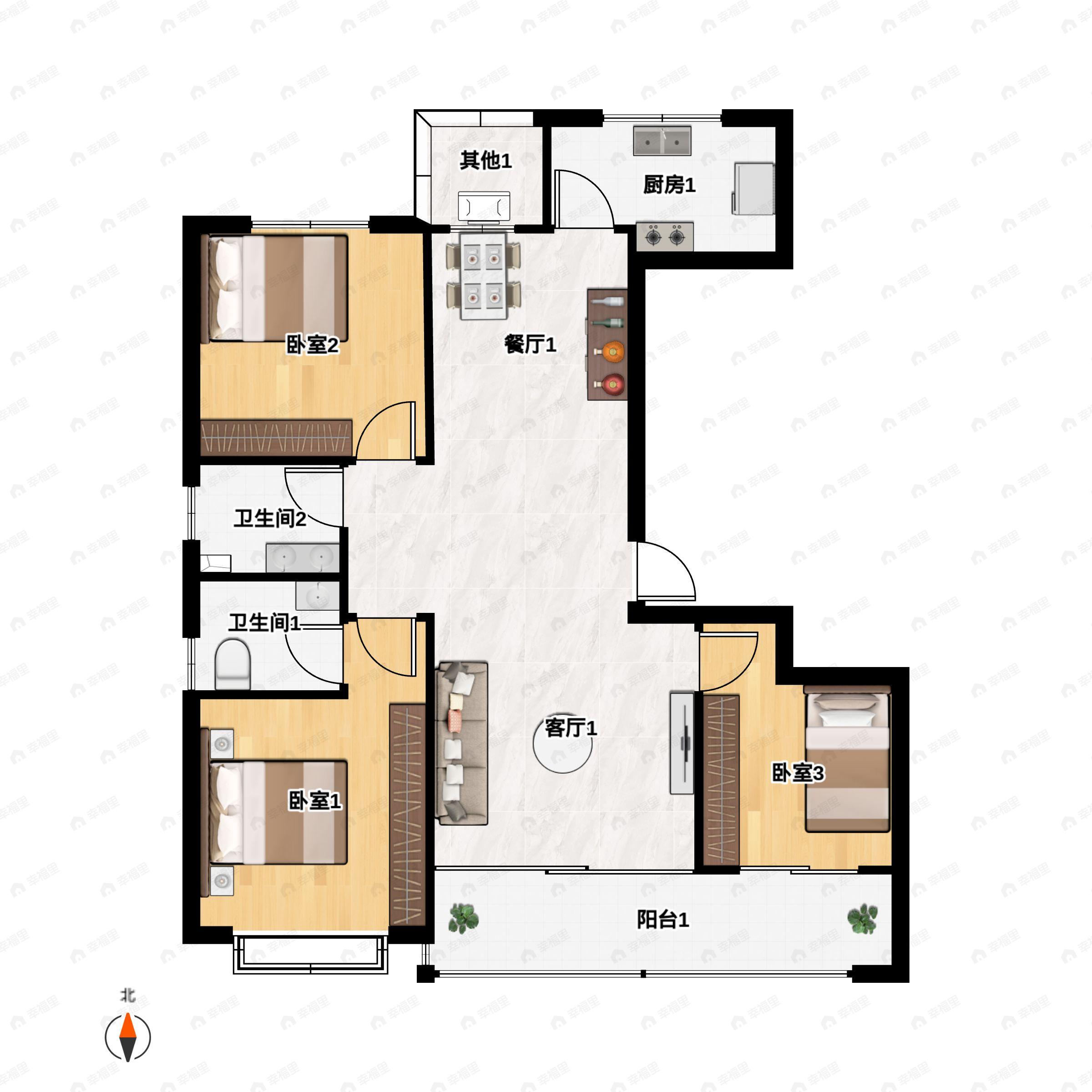 3室2厅2卫建面125平南|北户型图