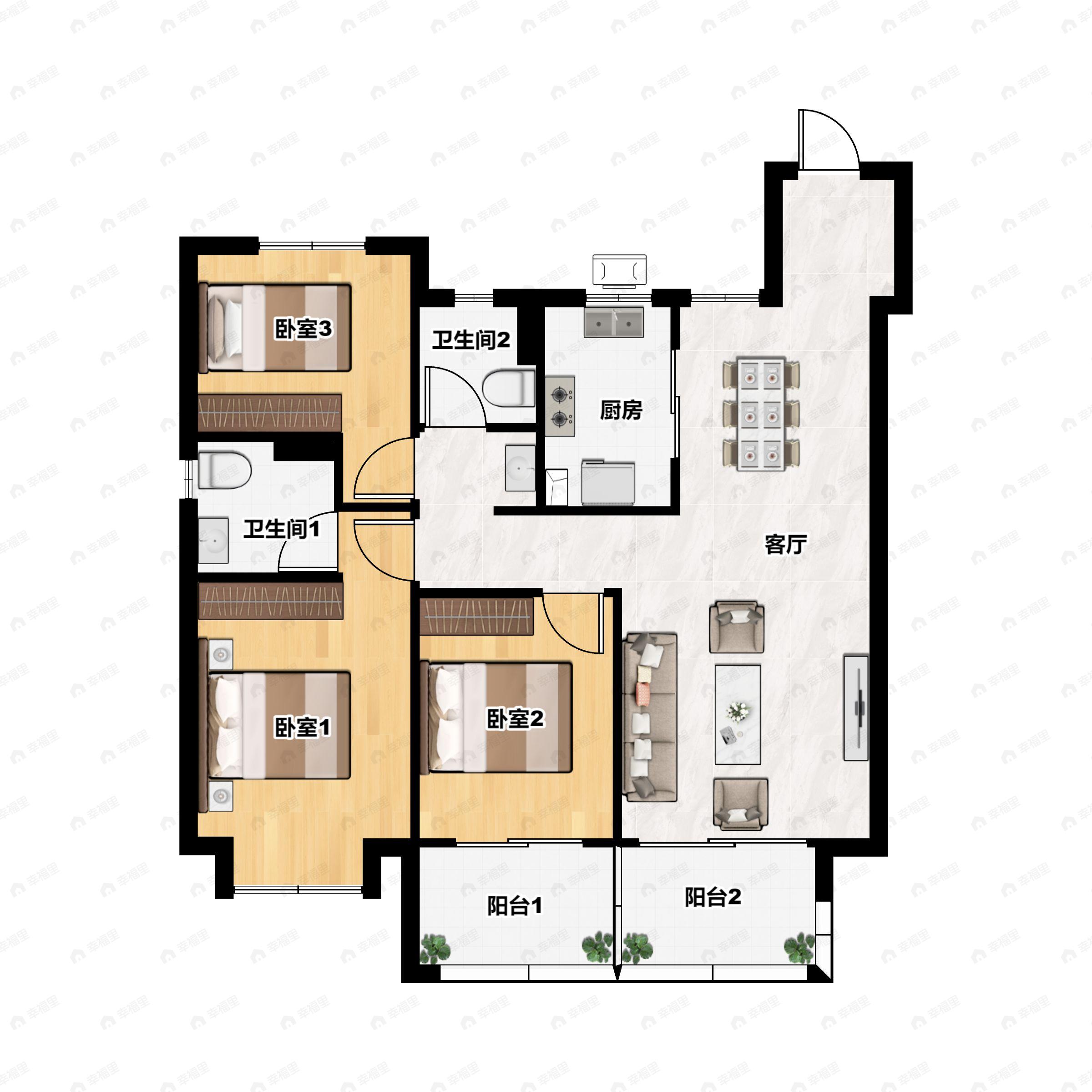 3室2厅2卫建面116m²南户型图