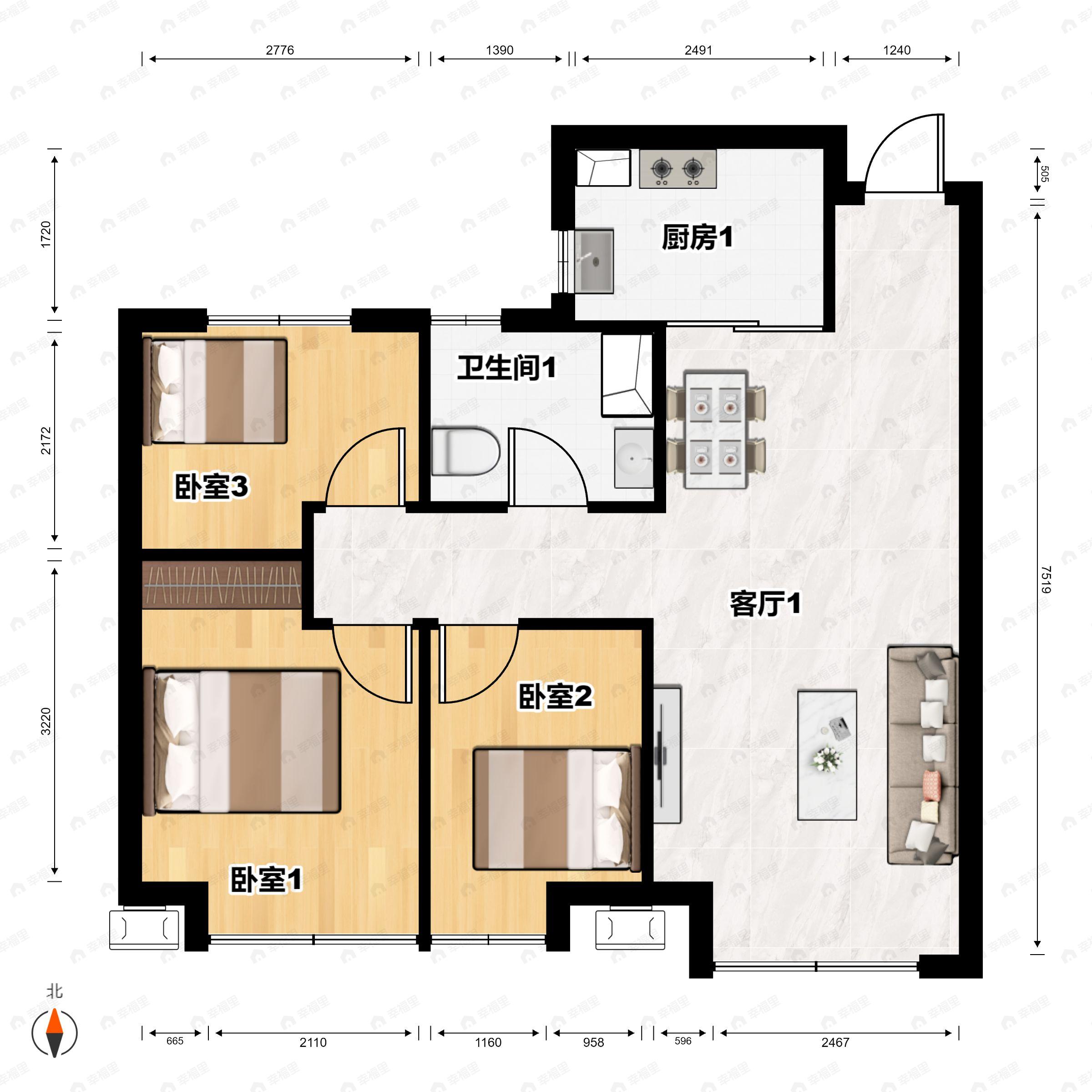 3室2厅1卫建面88平户型图