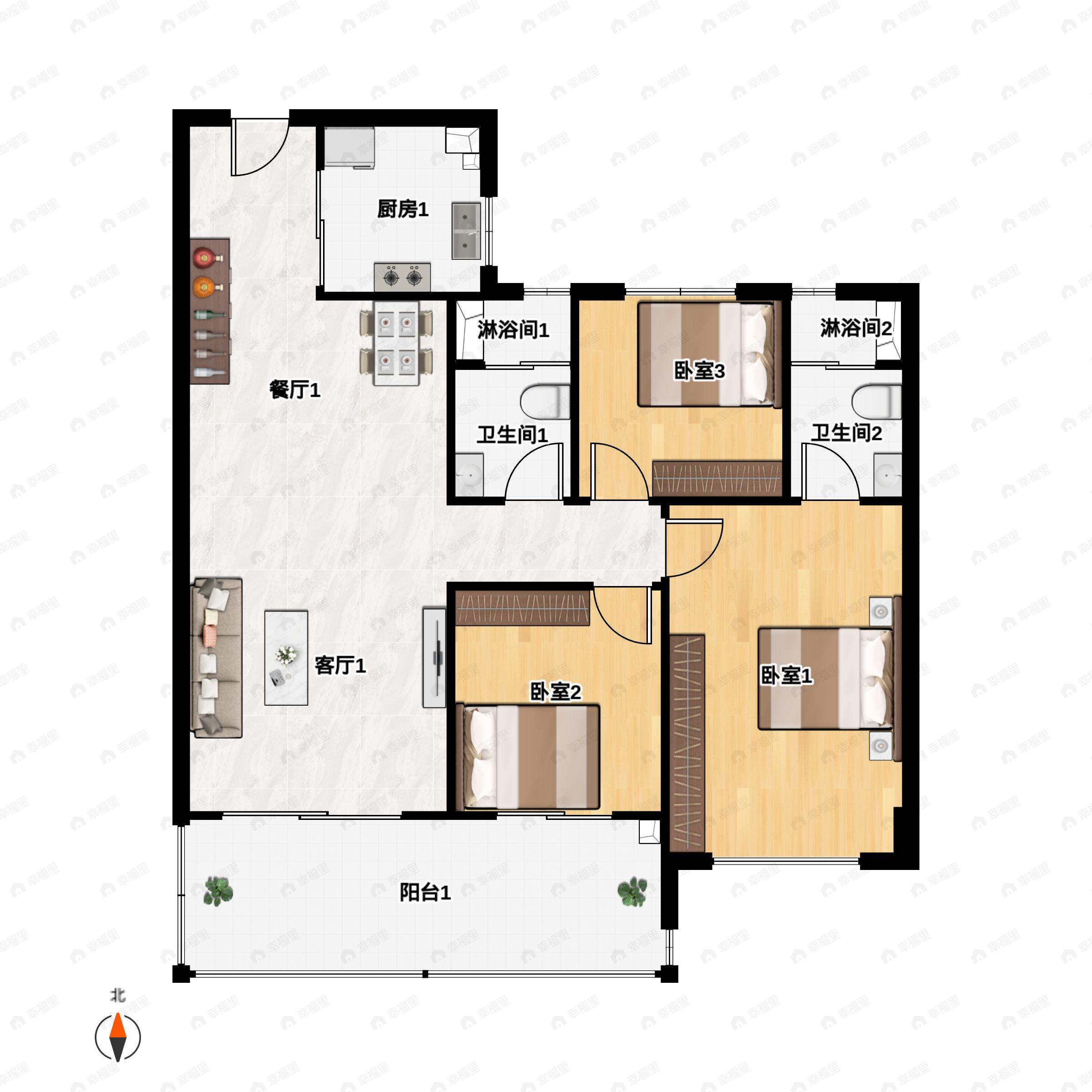 3室2厅2卫建面101平户型图