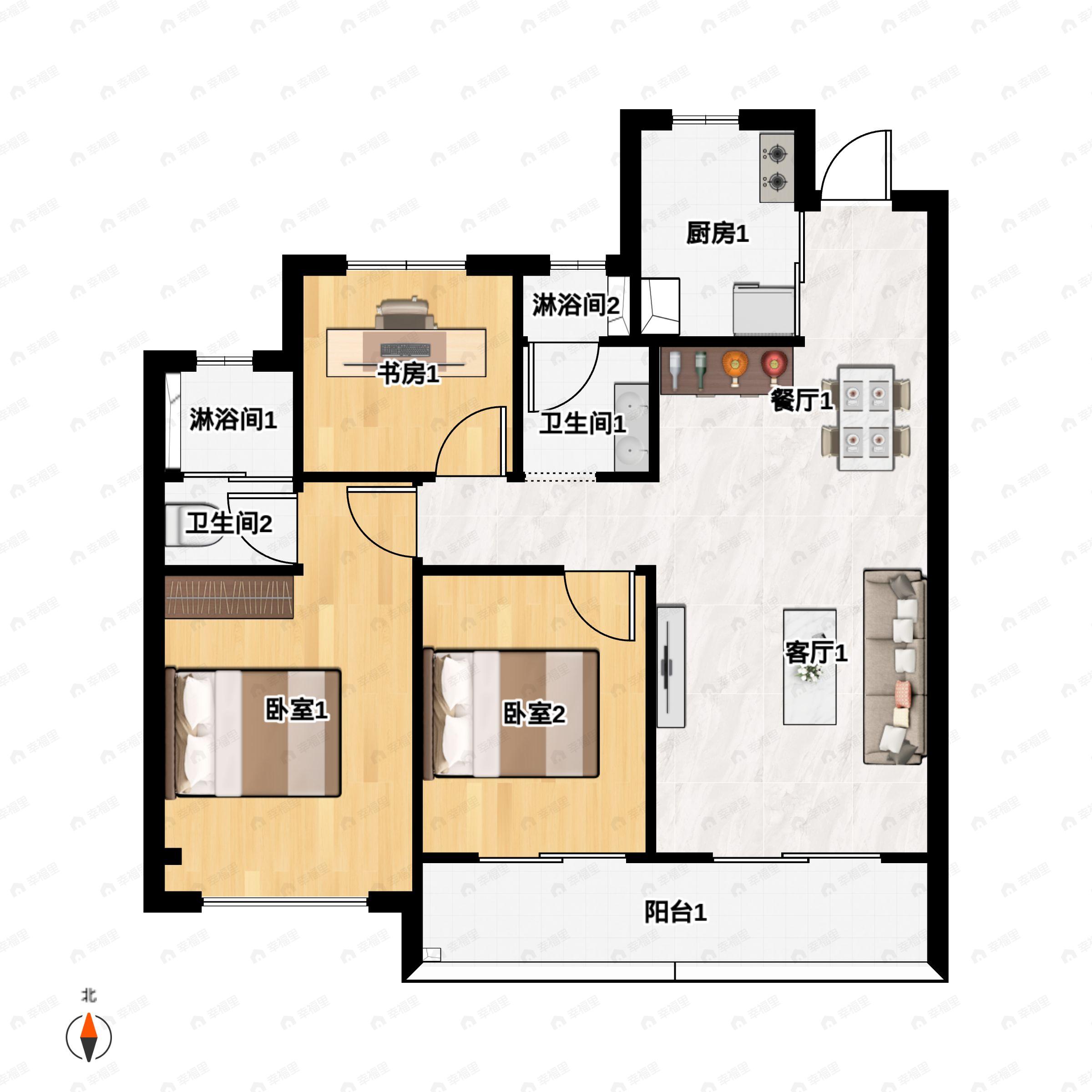 3室2厅2卫建面102m²南户型图