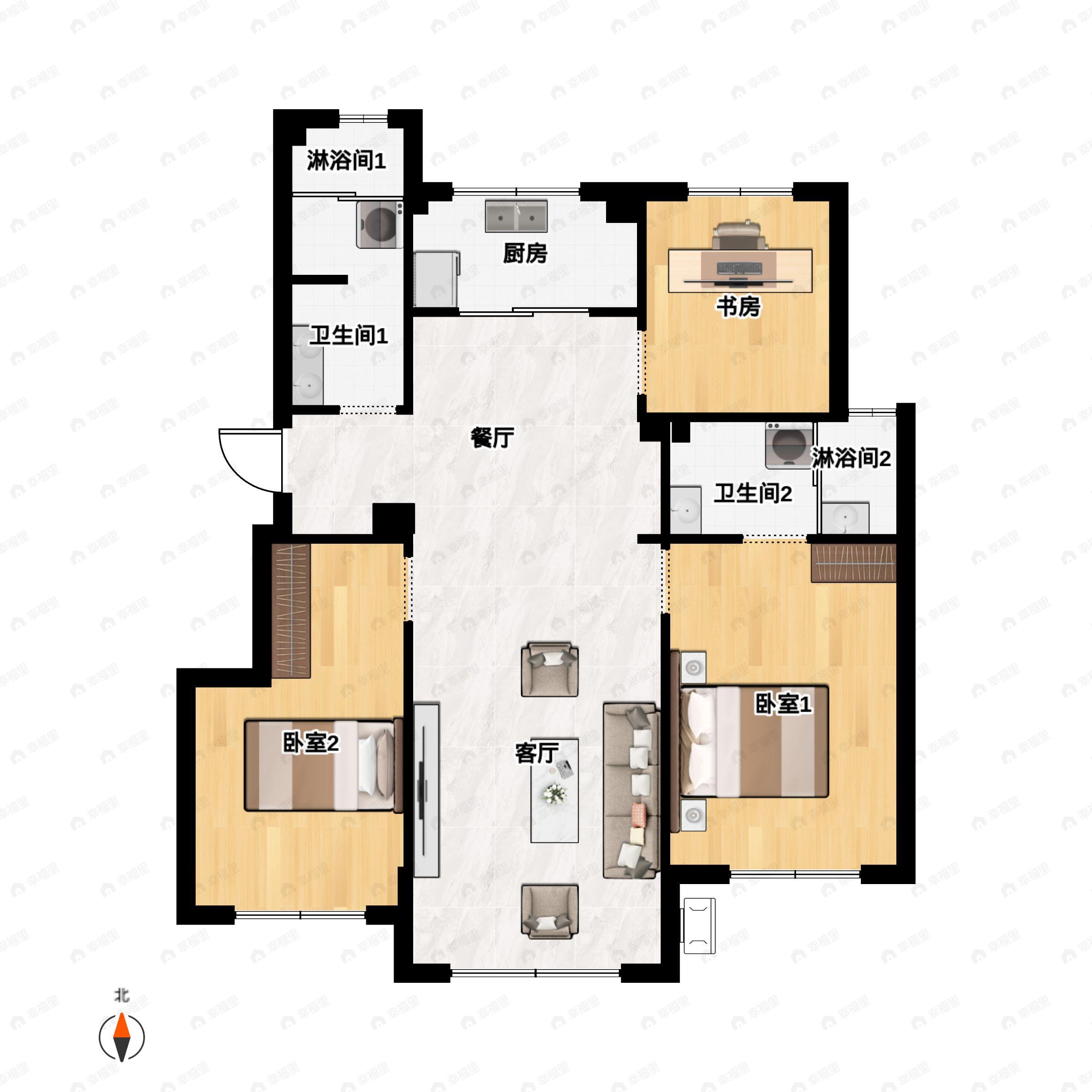 3室2厅2卫建面99平北|南户型图