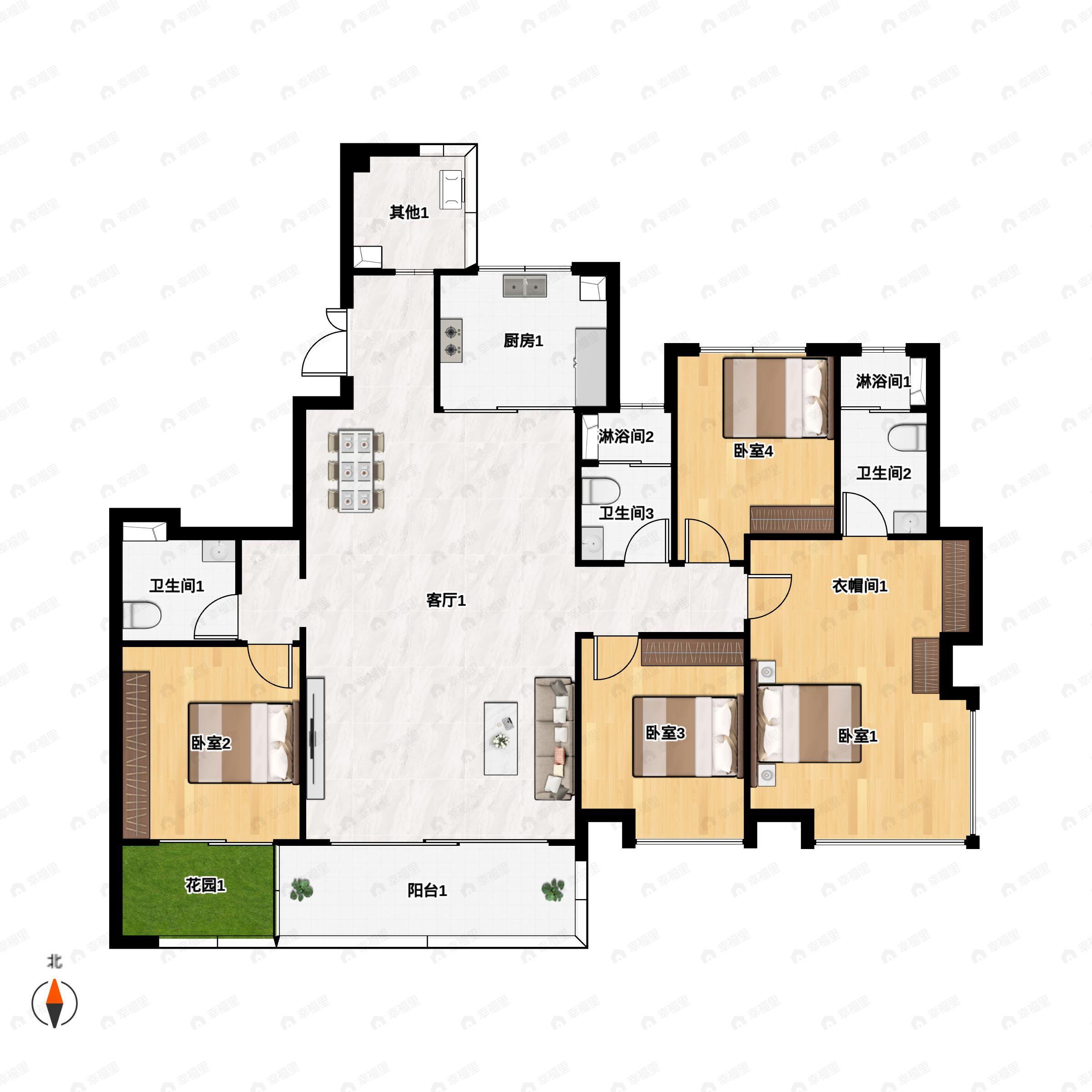 4室2厅3卫建面168m²南户型图