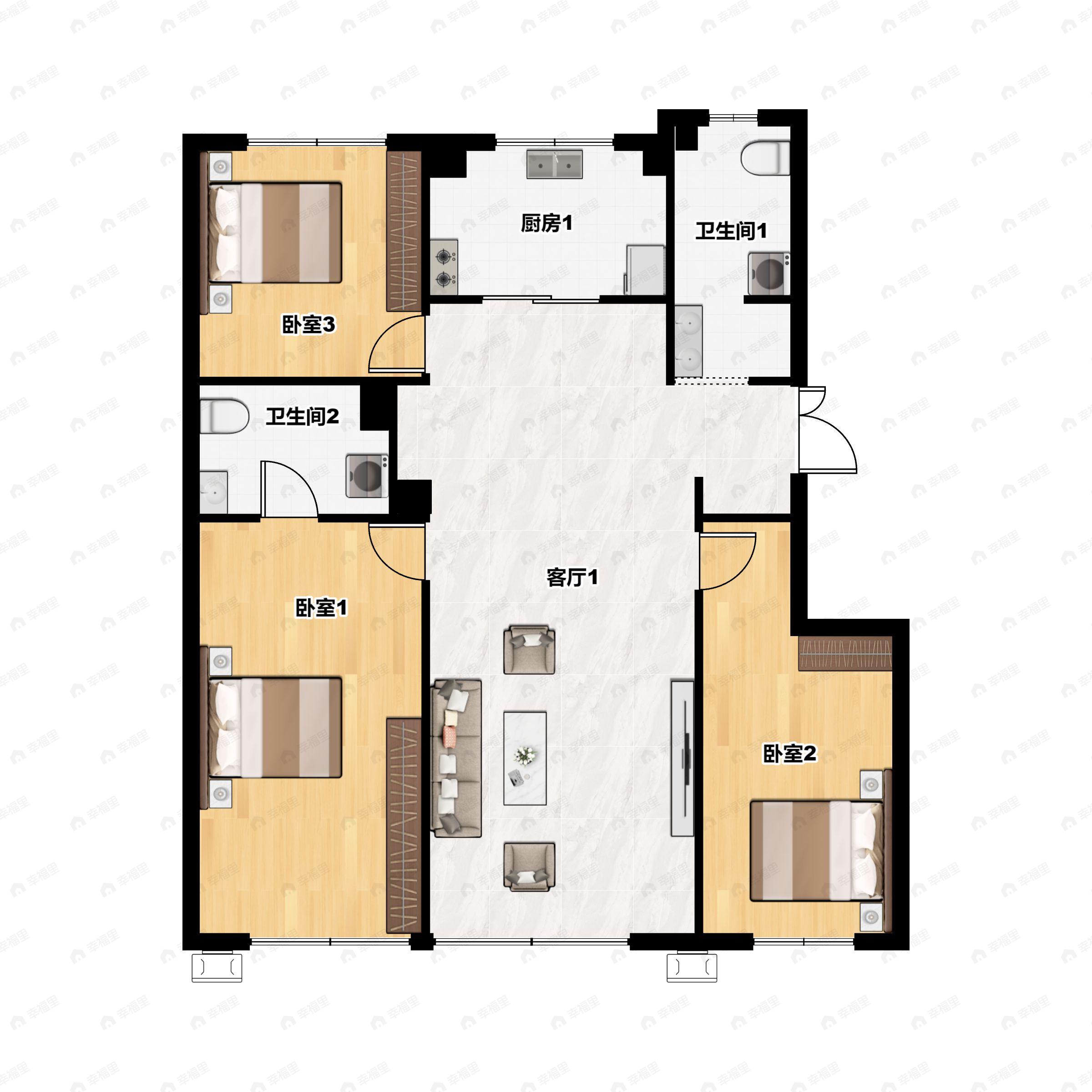 3室2厅2卫建面107平户型图