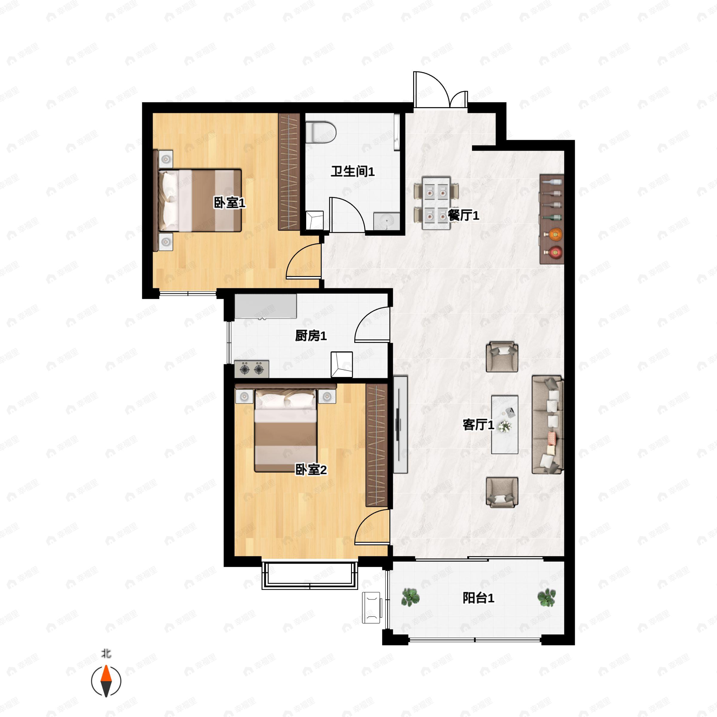 2室2厅1卫建面96m²南户型图