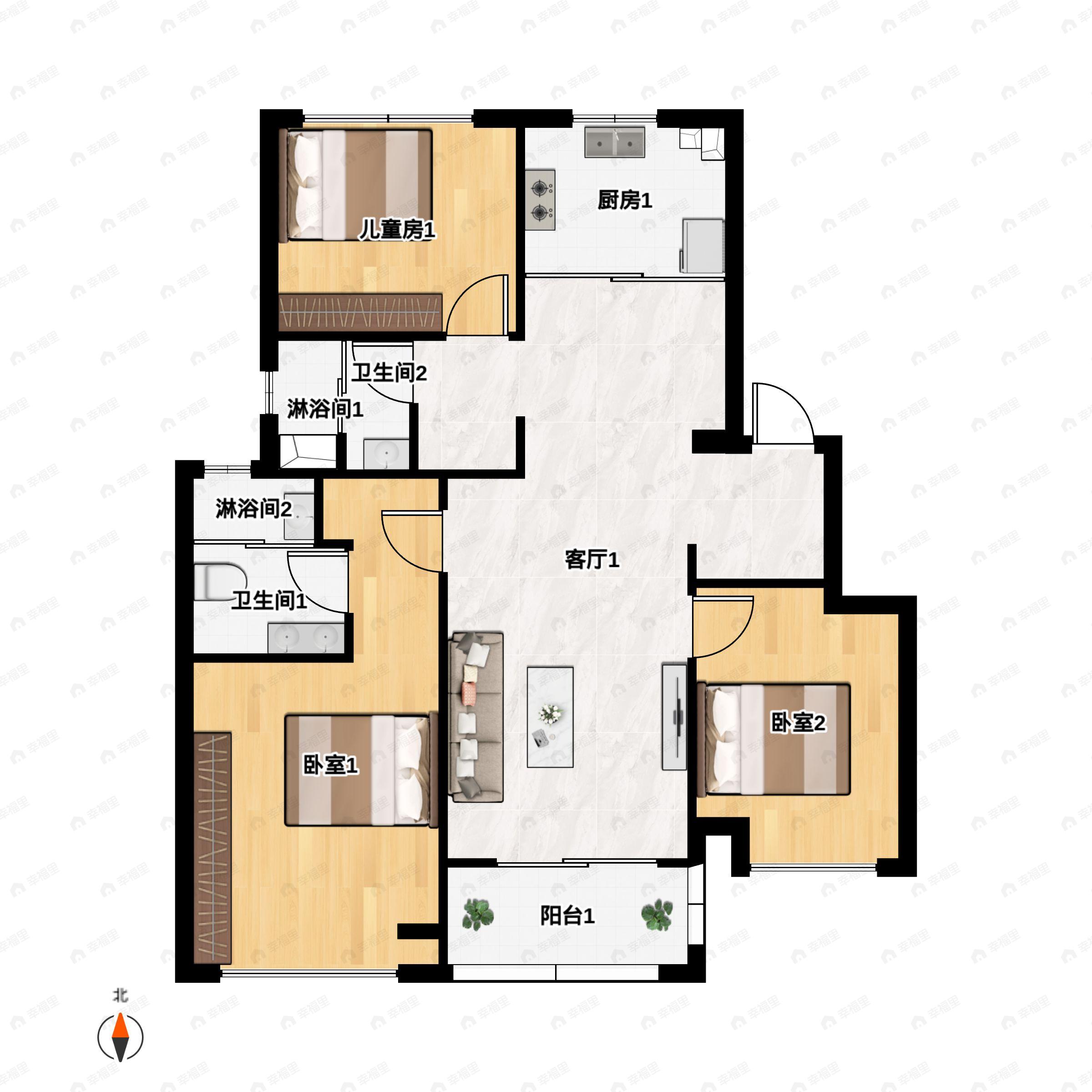 3室2厅2卫建面108m²南户型图