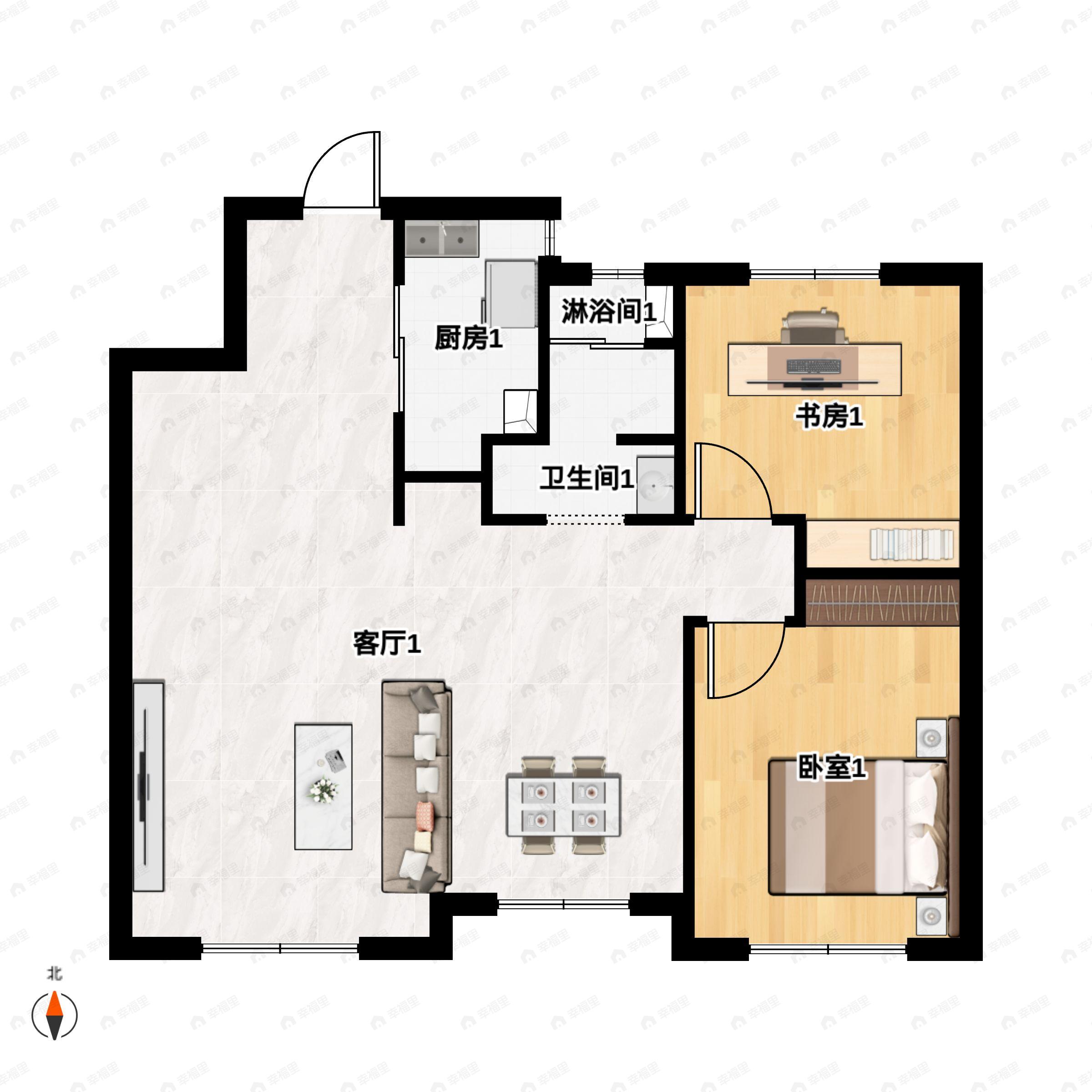 2室2厅1卫建面97m²南户型图