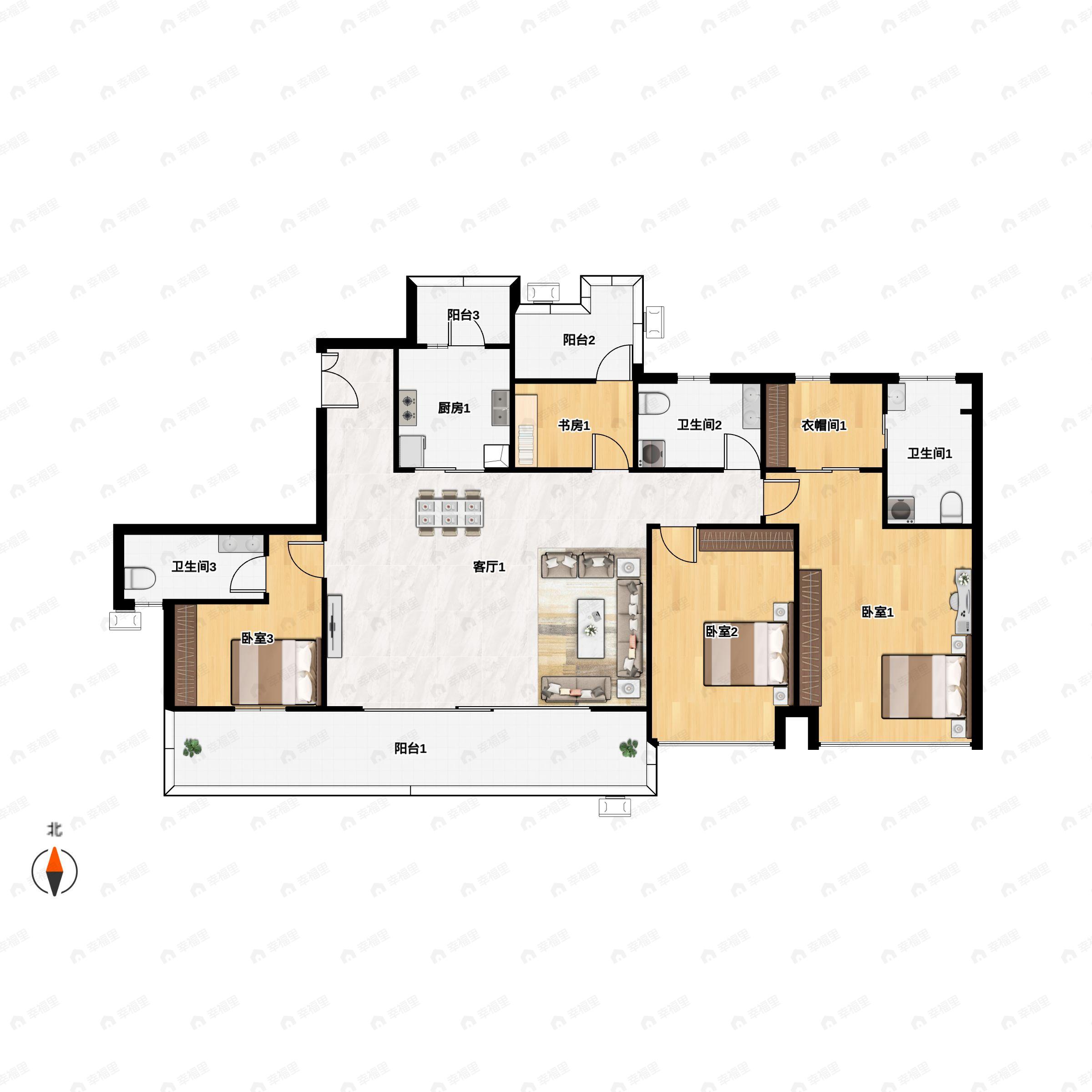 4室2厅3卫建面181平南|北户型图