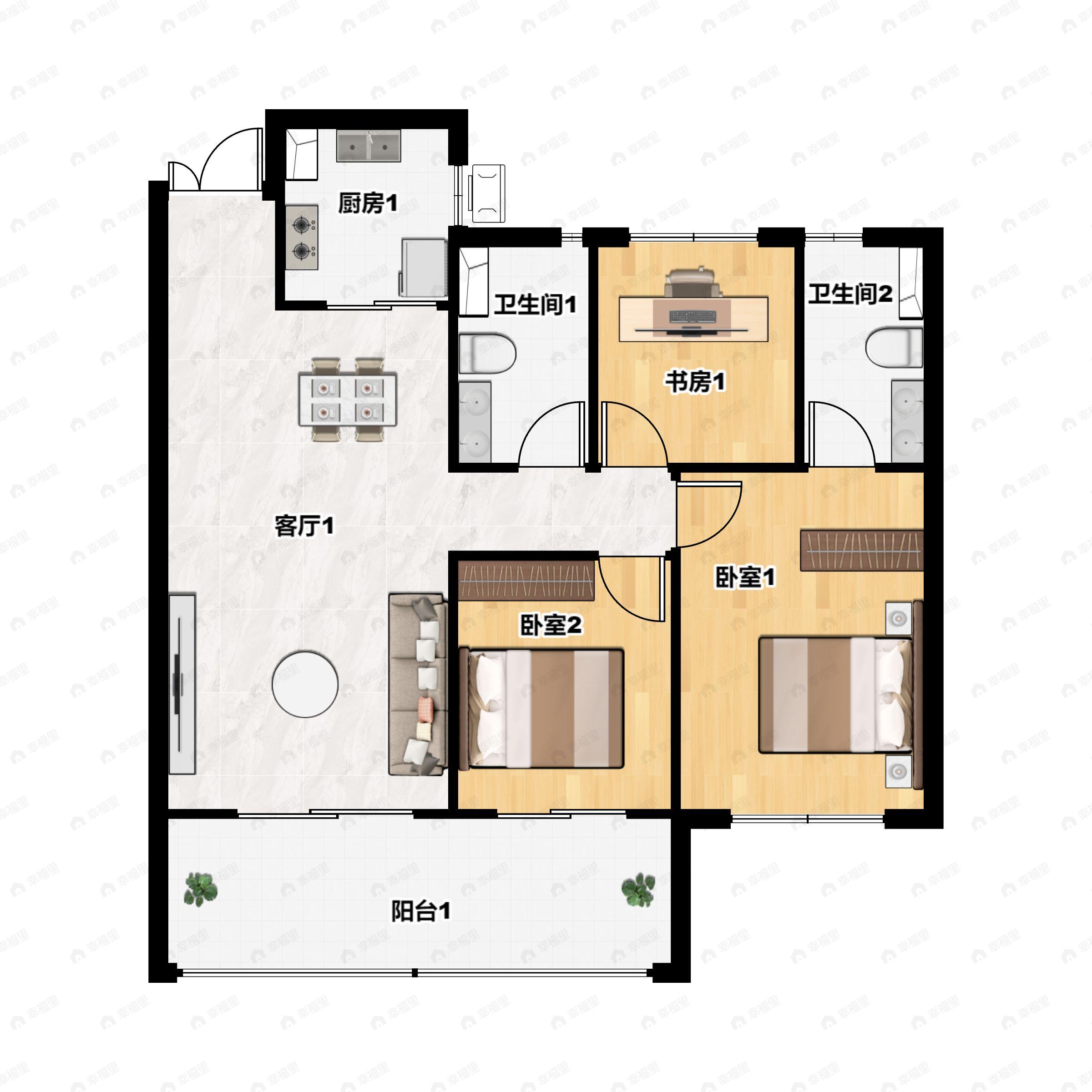 3室2厅2卫建面121平户型图