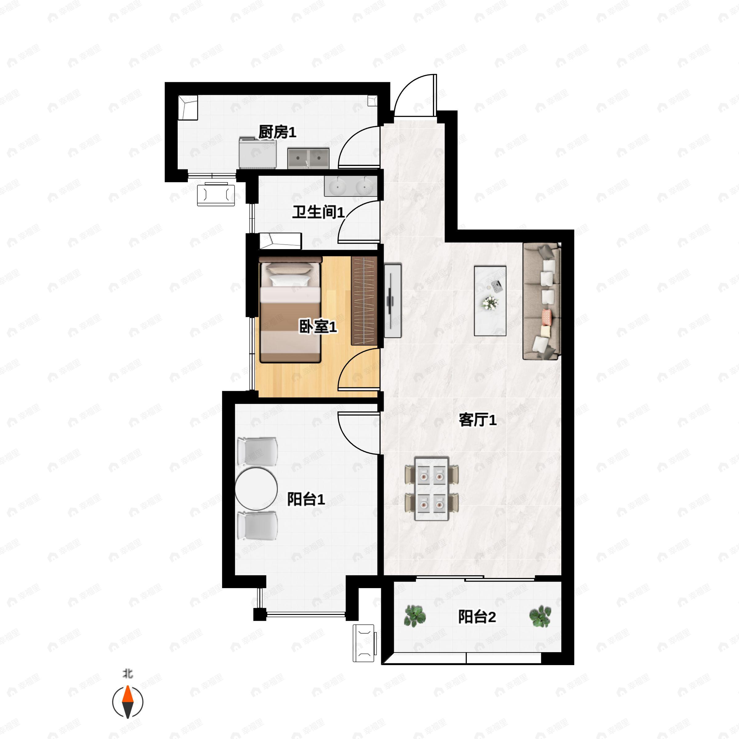 2室2厅1卫建面84m²南户型图