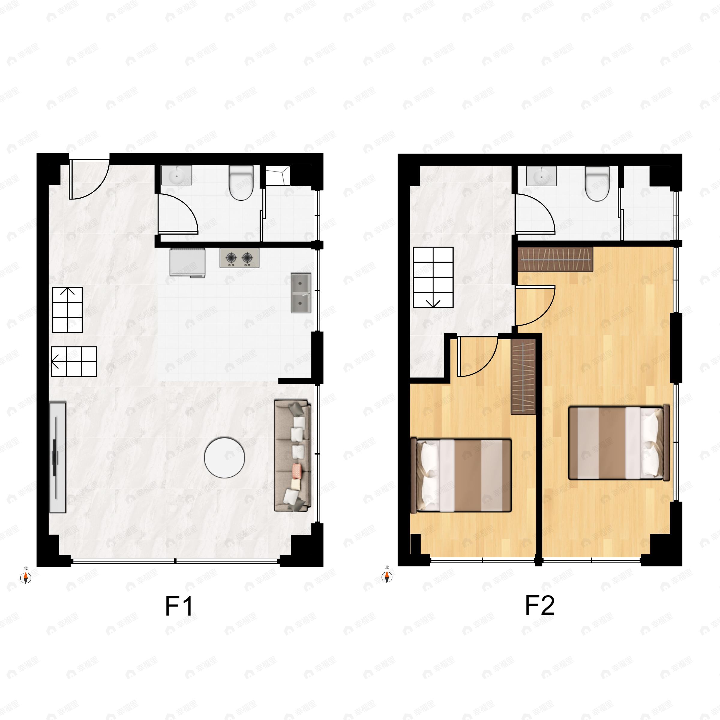 2室2厅2卫建面69平北|西|南|东户型图