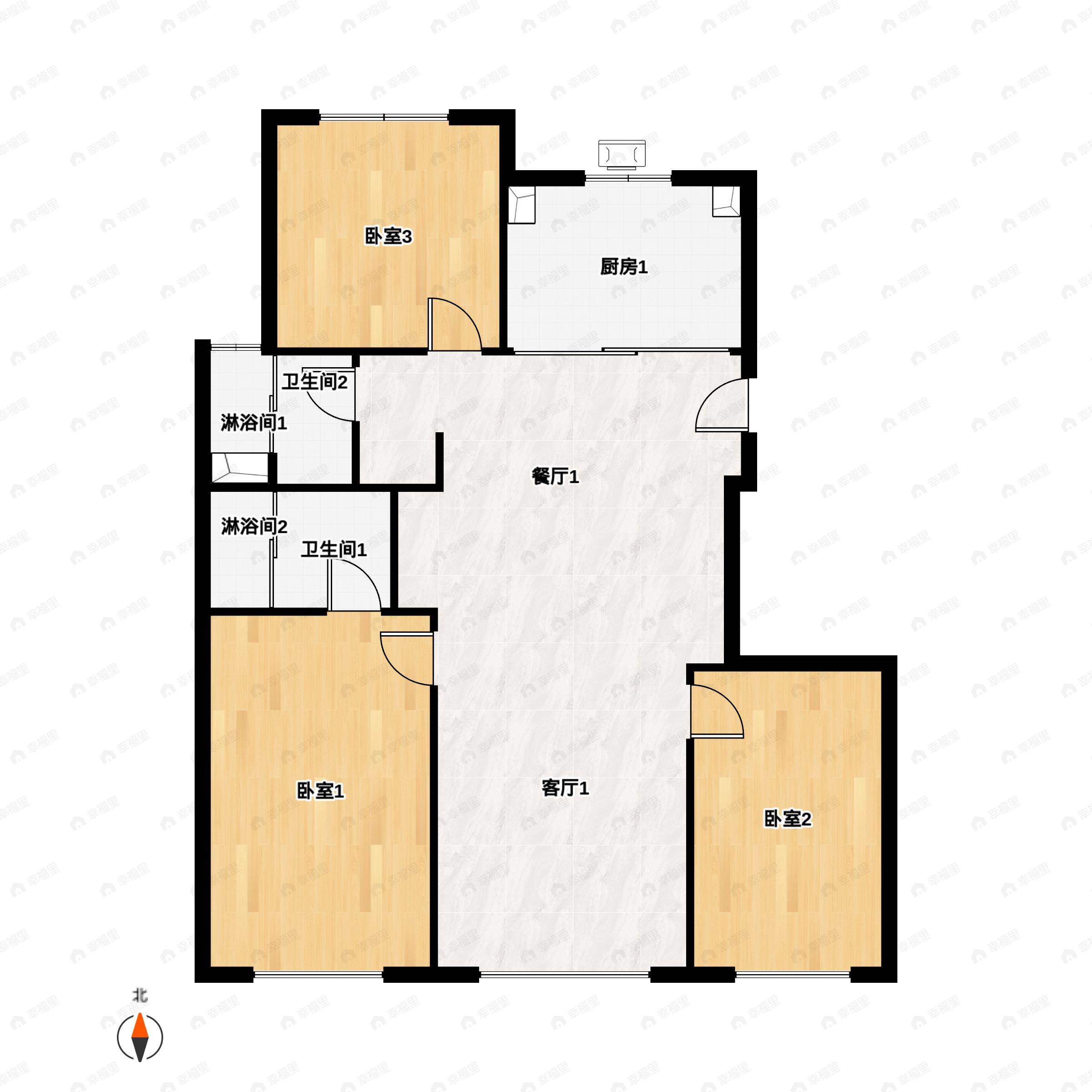 3室2厅2卫建面116平北|南户型图