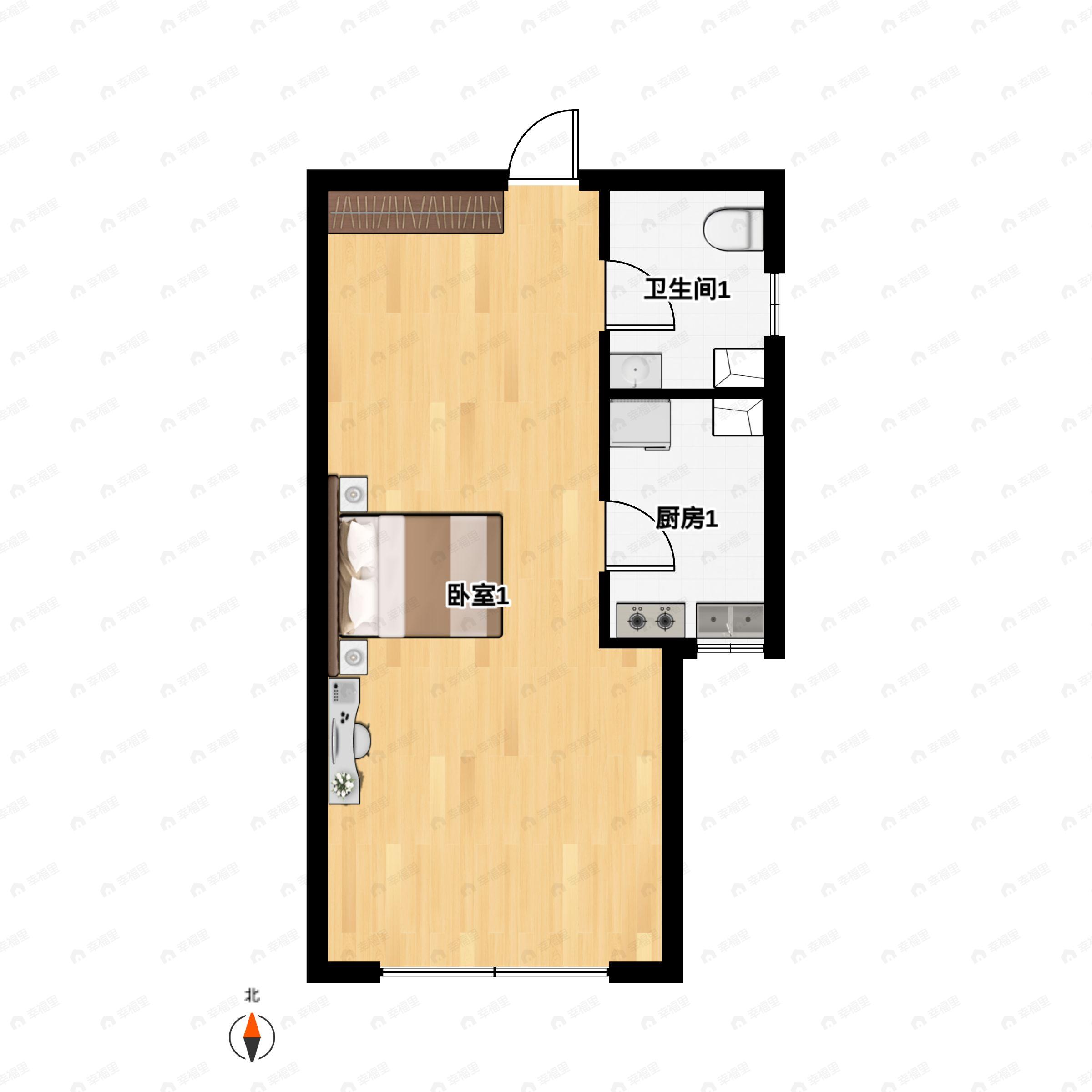 1室1厅1卫建面37m²南户型图
