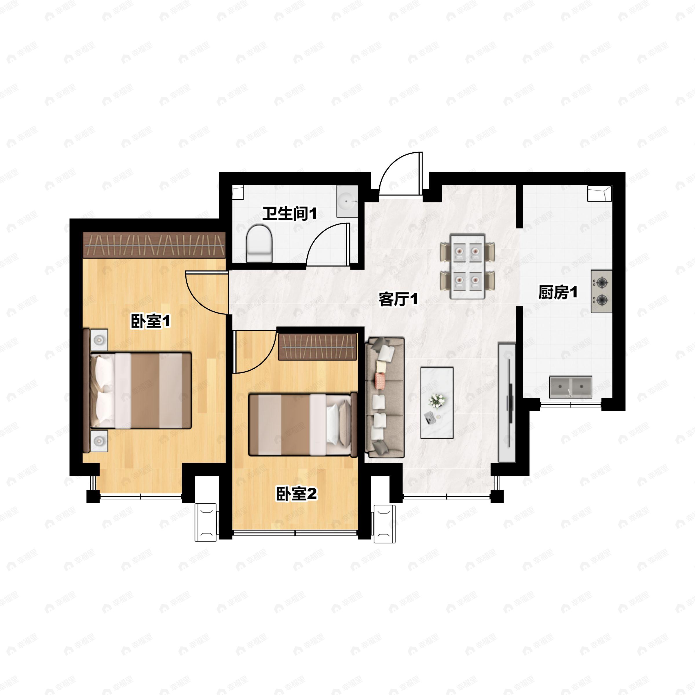 2室2厅1卫建面76m²南户型图