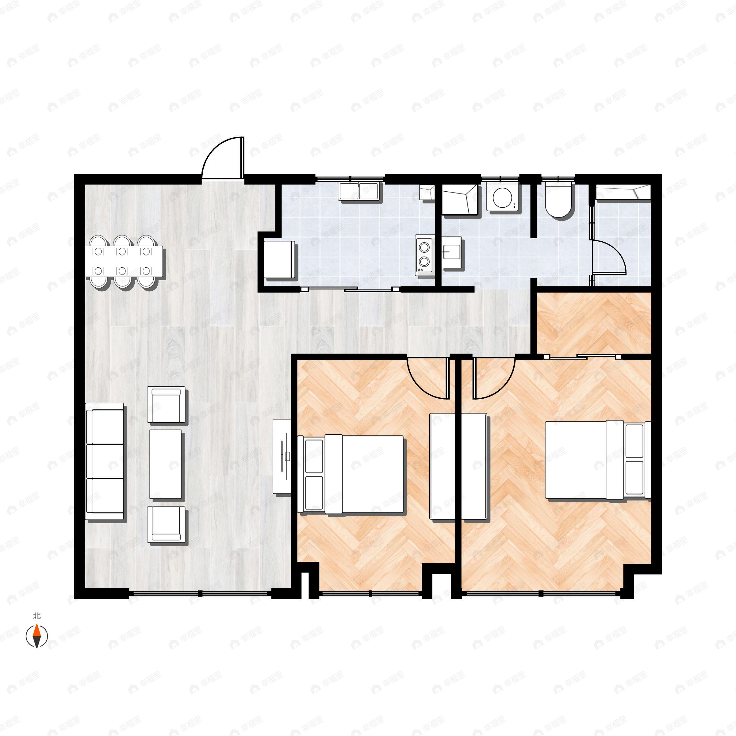 2室2厅1卫建面100m²南|北户型图