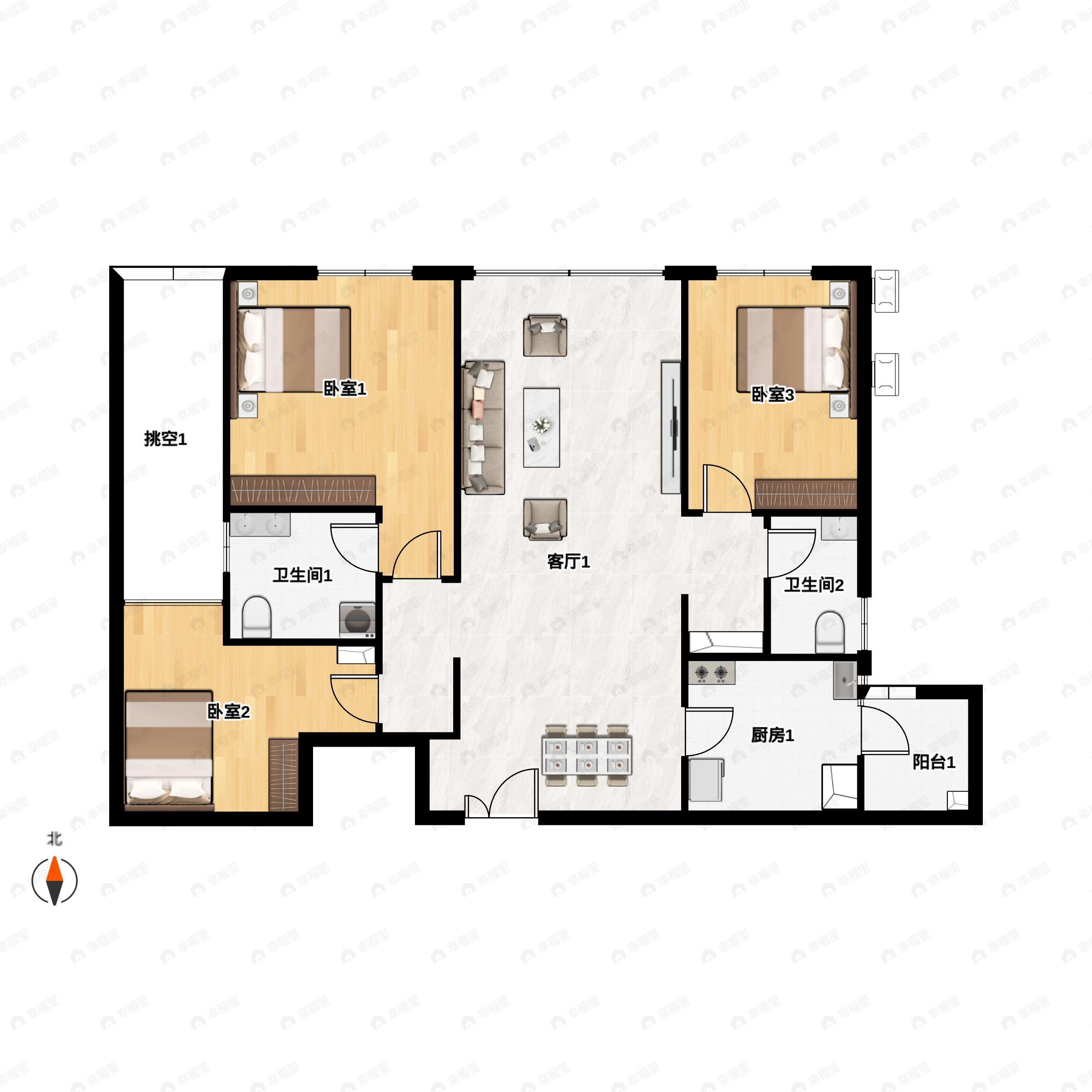 3室2厅2卫建面111平南户型图