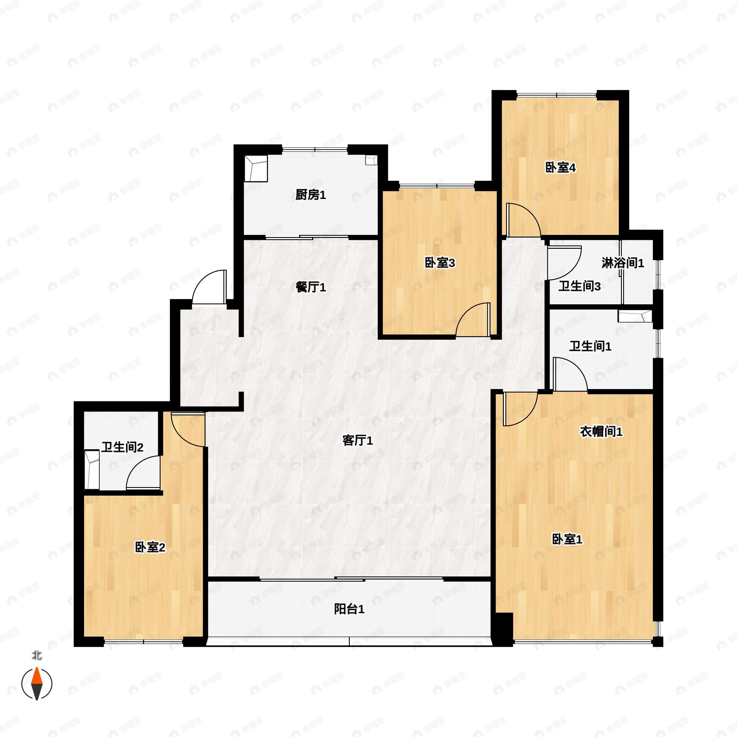 4室2厅3卫建面165平南户型图