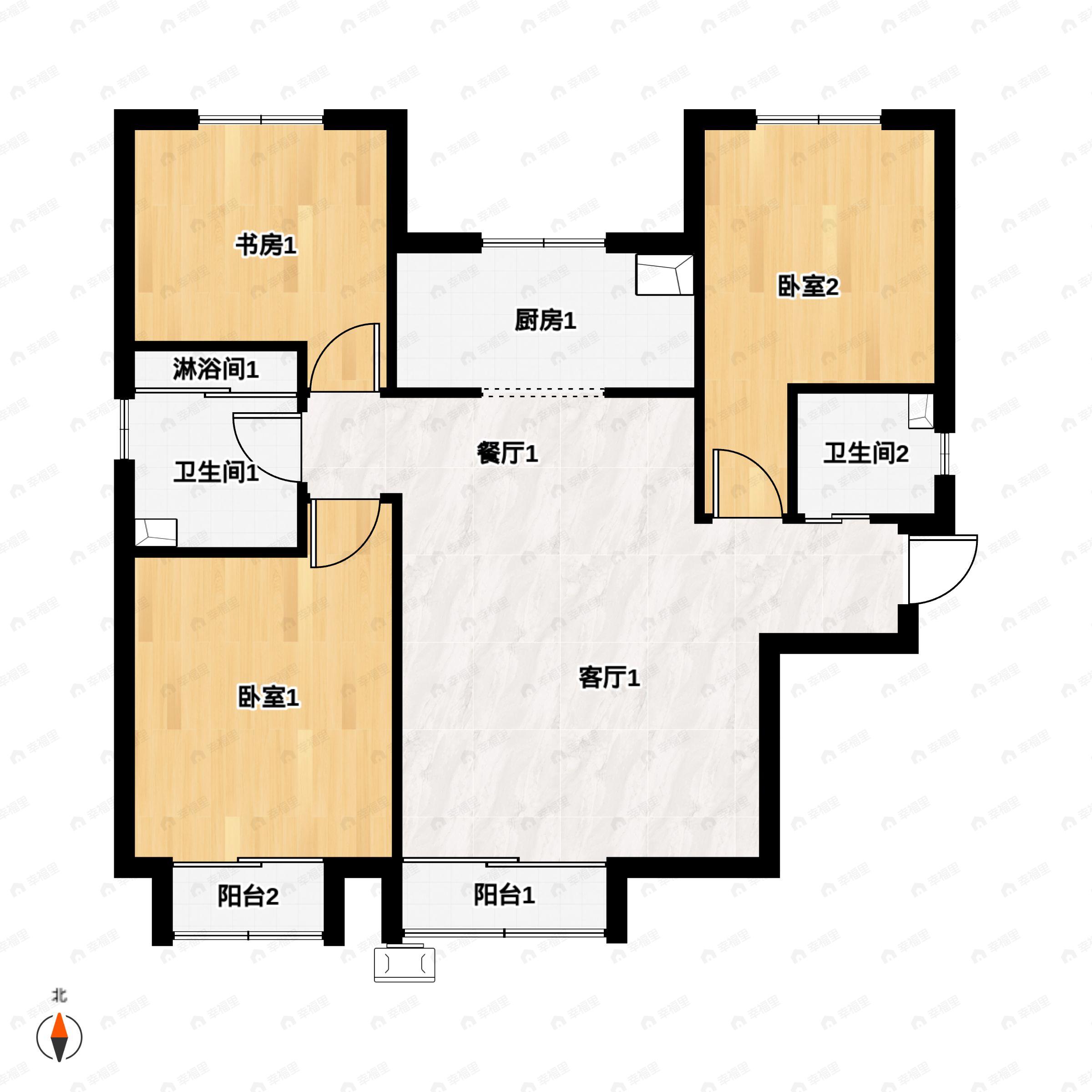 3室2厅2卫建面107平北|南户型图