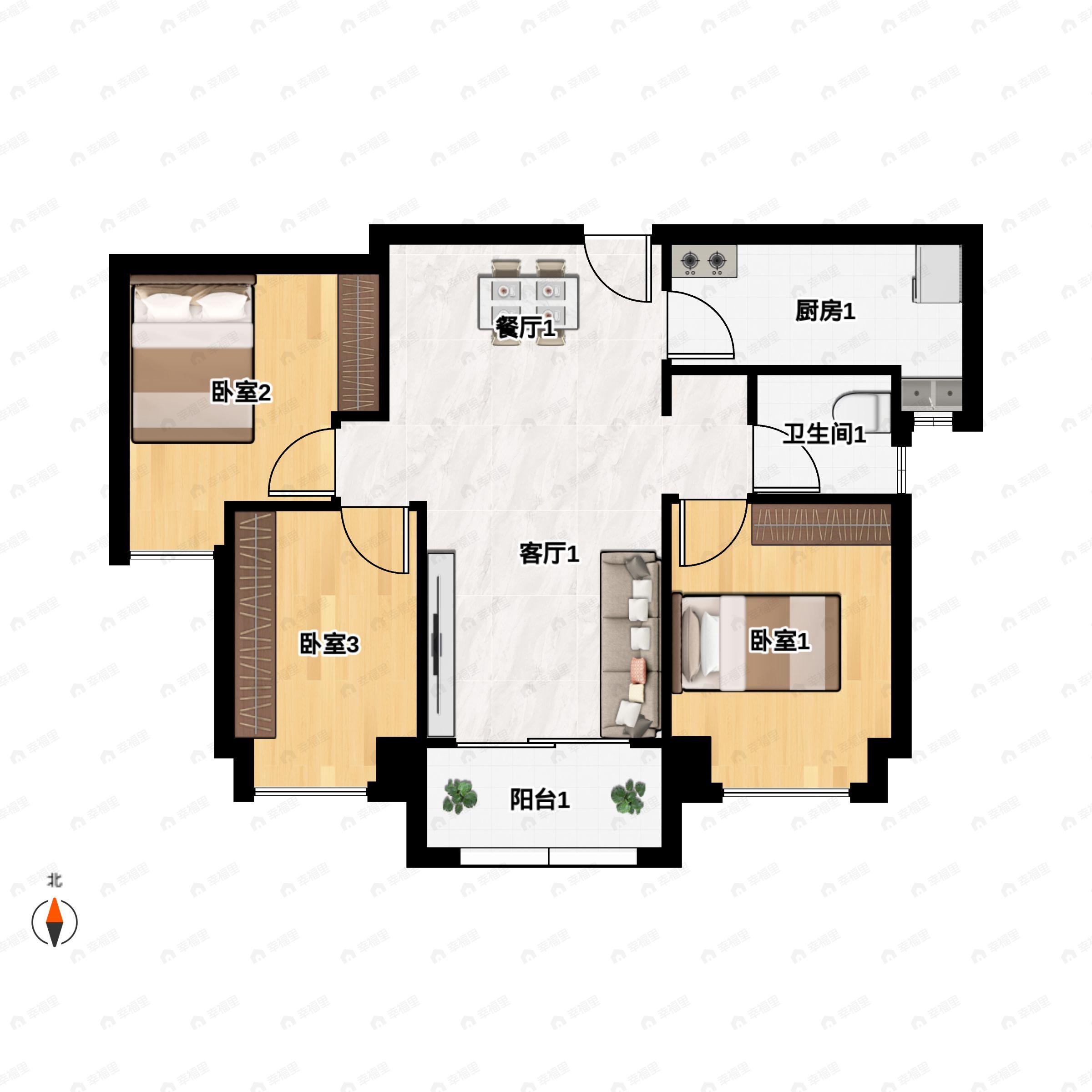 3室2厅1卫建面96m²南户型图