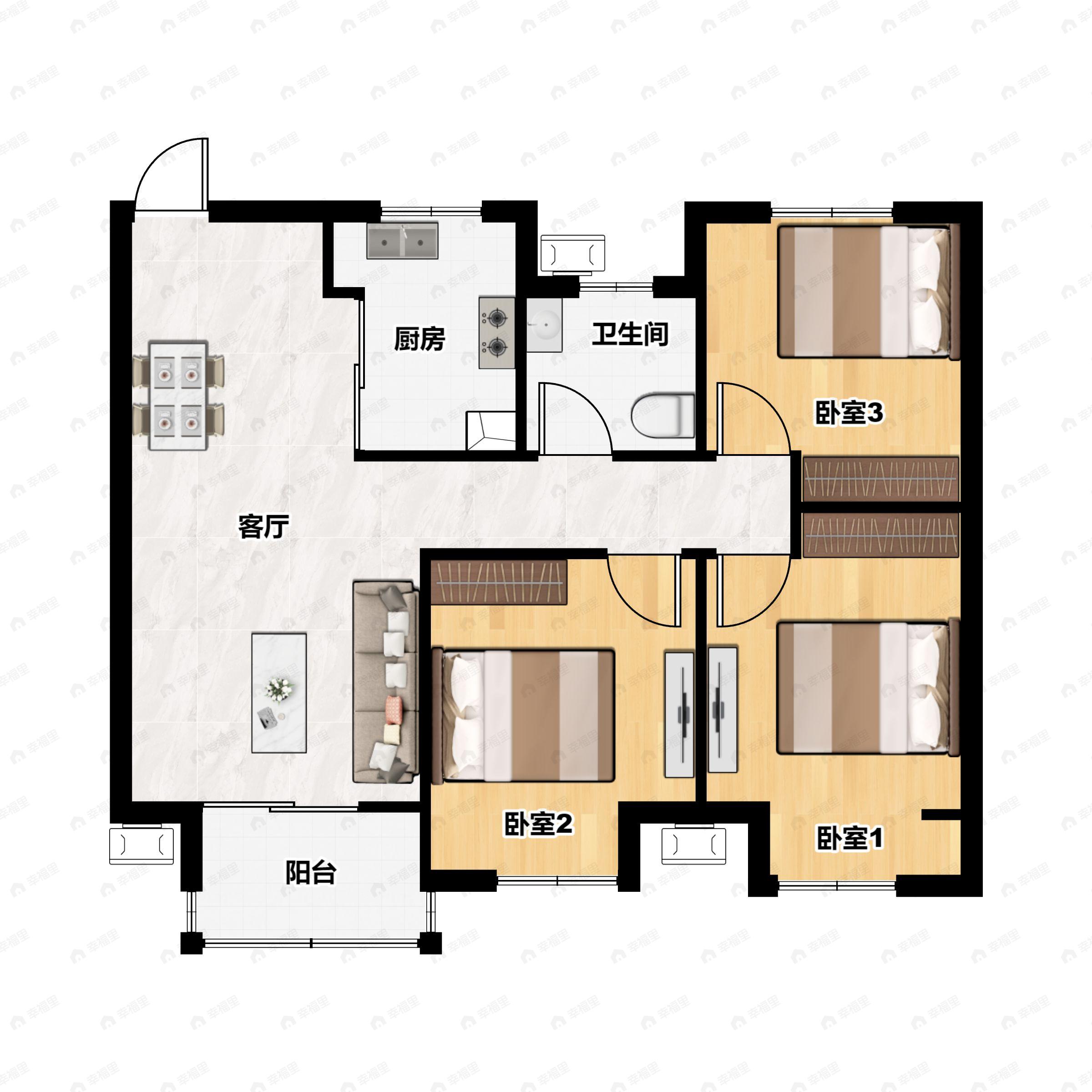 3室2厅1卫建面92平户型图