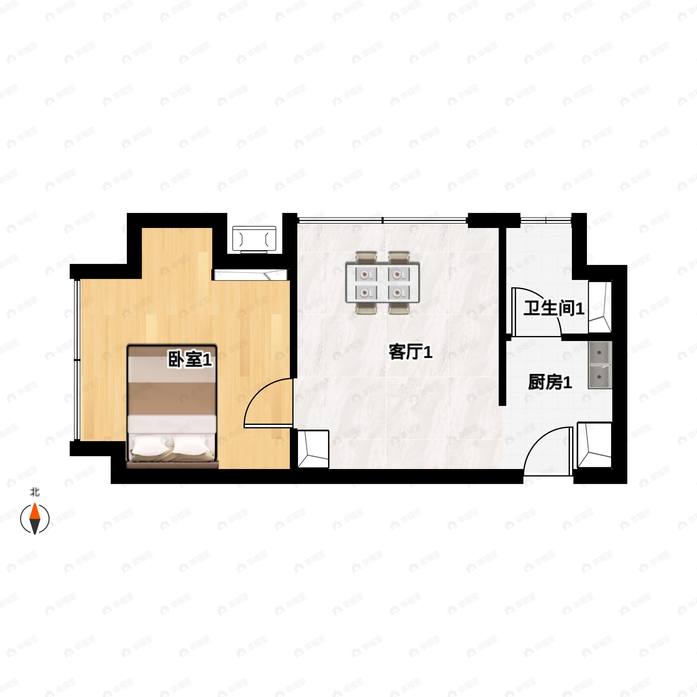 1室1厅1卫建面62m²南户型图