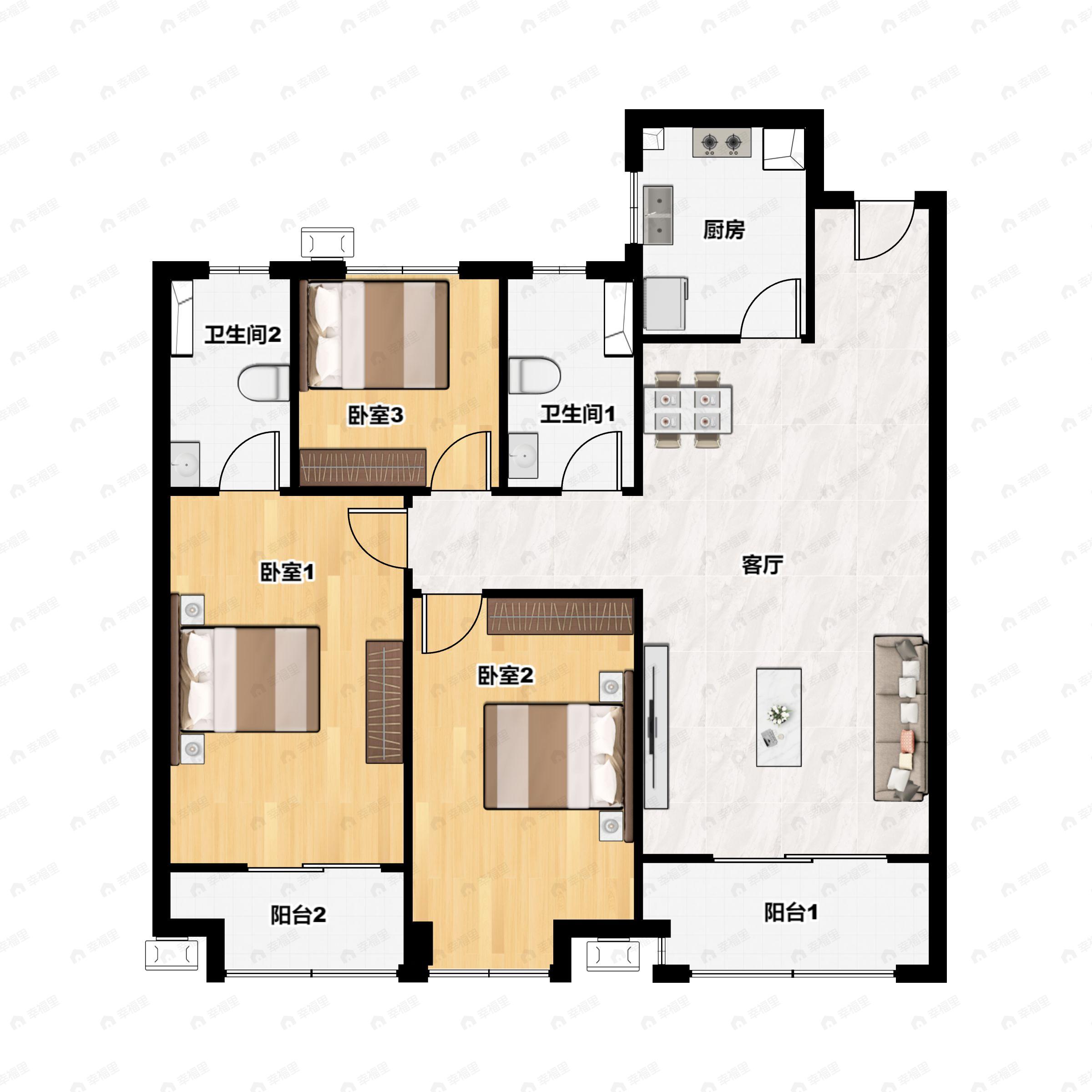 3室2厅2卫建面116平北|南户型图