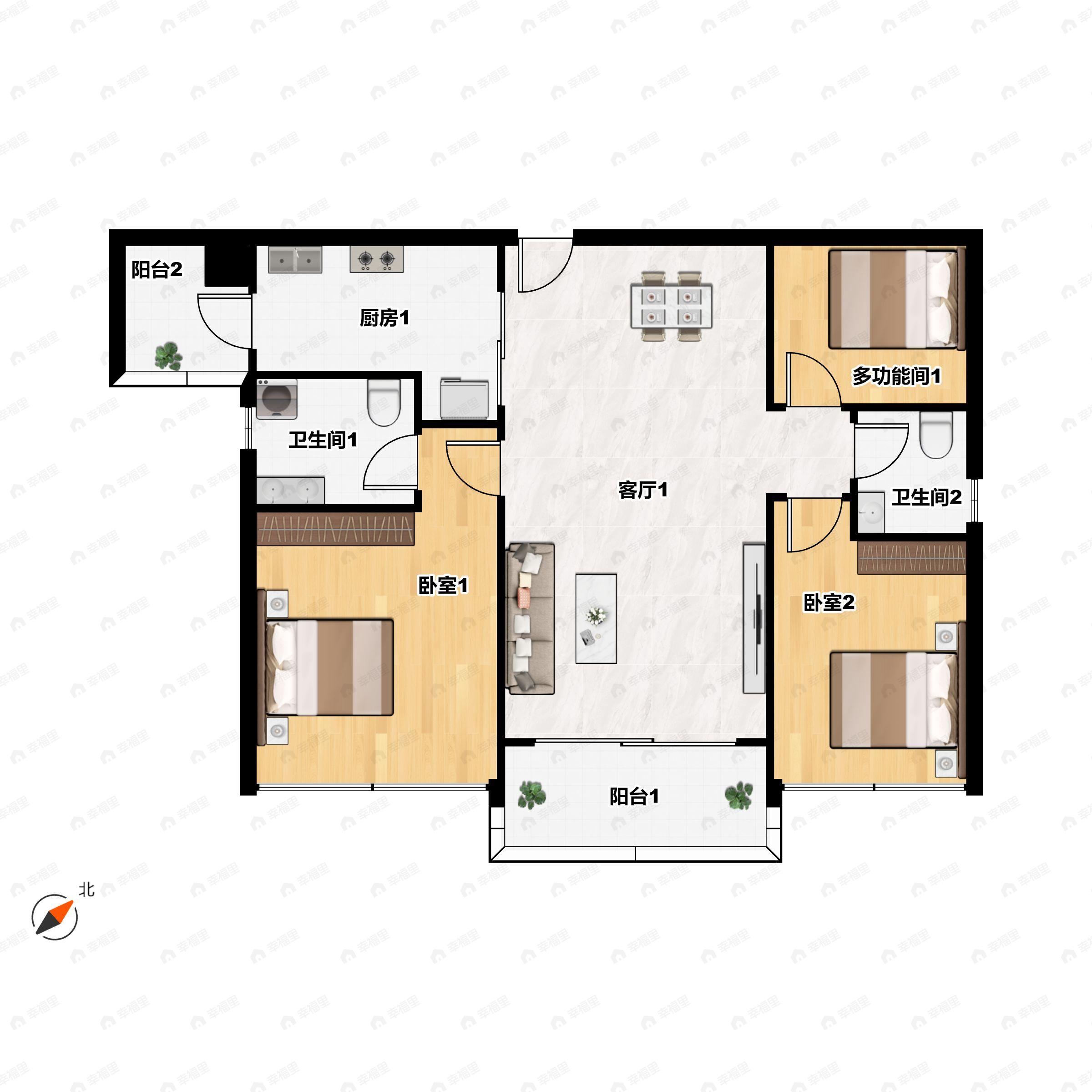 3室2厅2卫建面95m²东户型图