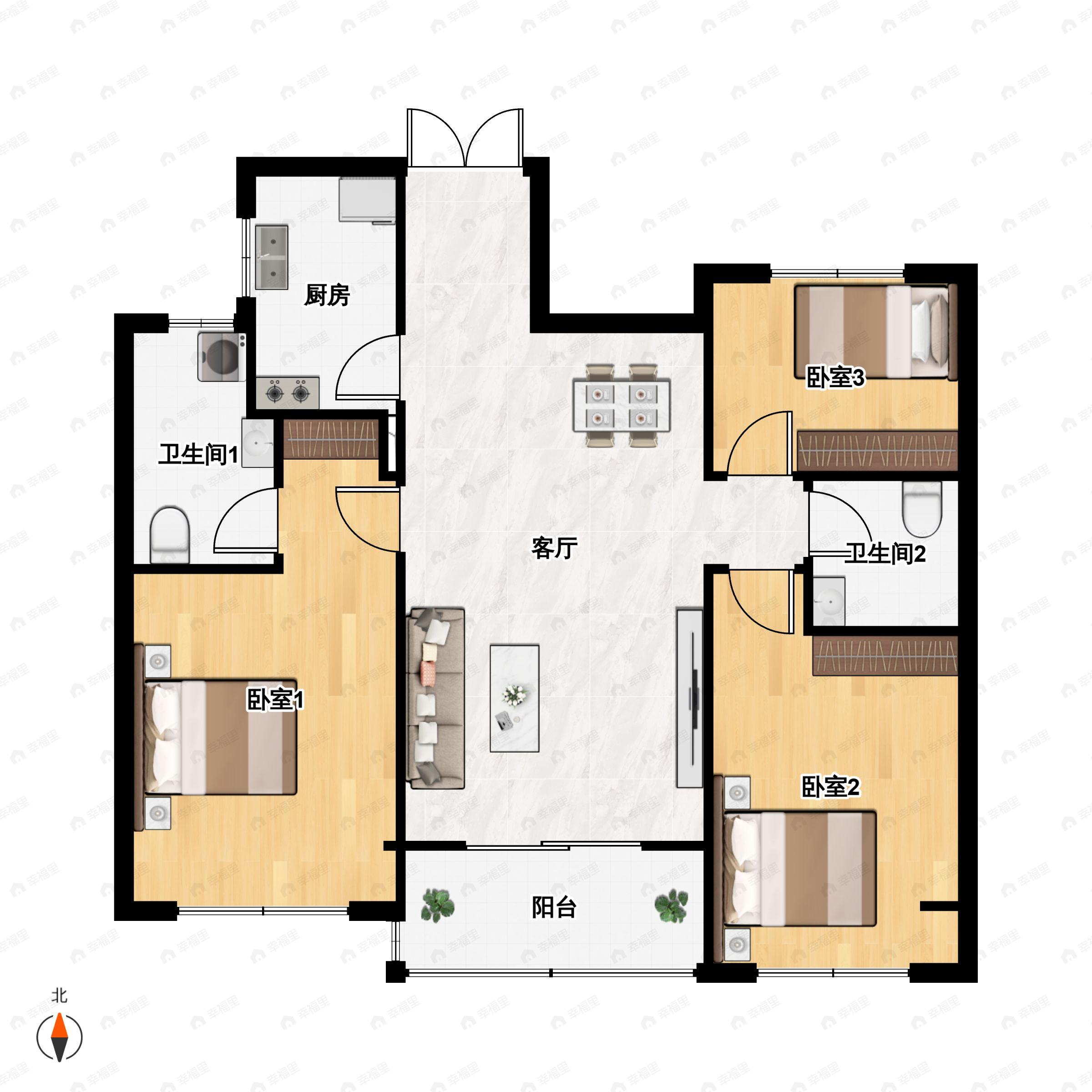 3室2厅2卫建面93平南户型图