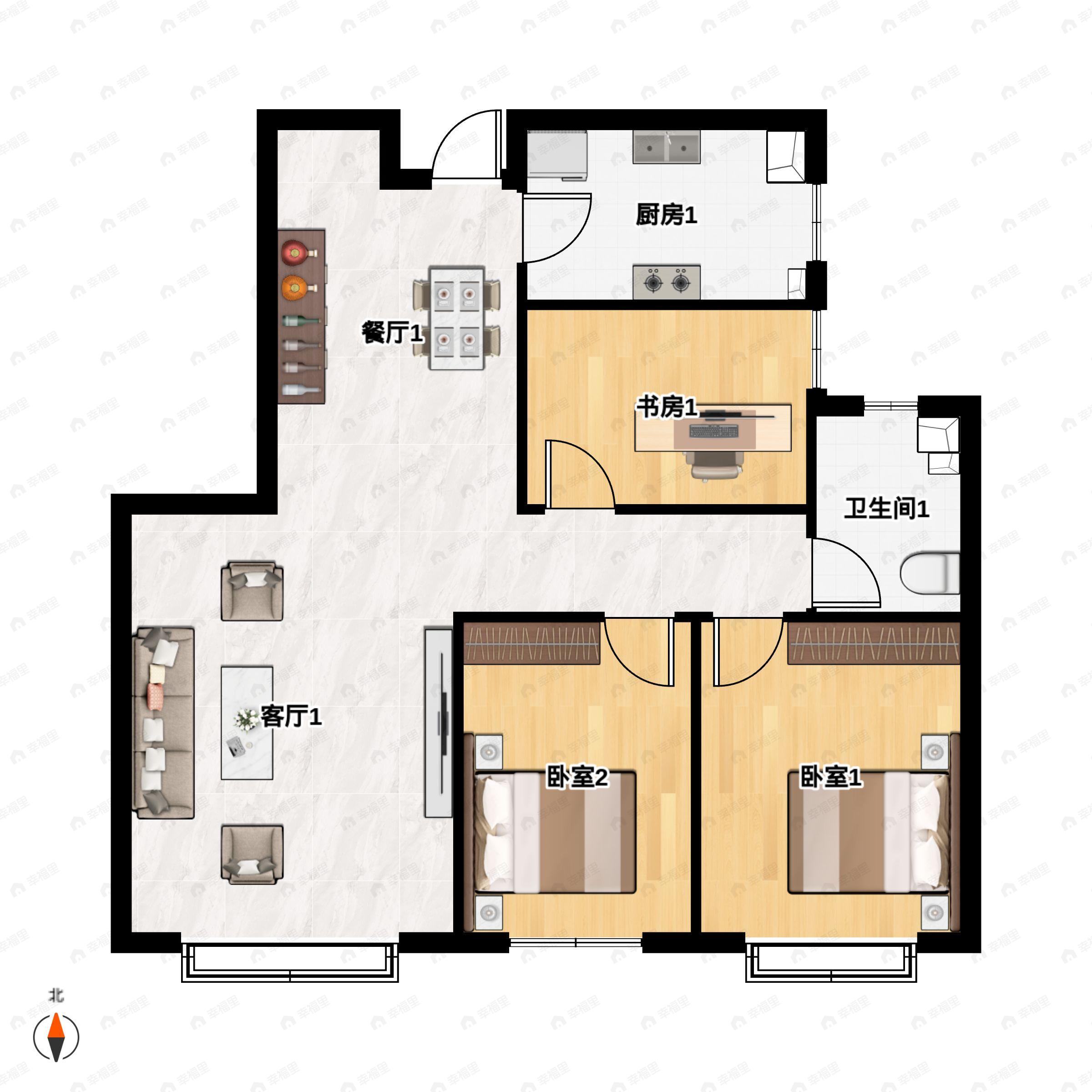 3室2厅1卫建面106平南户型图