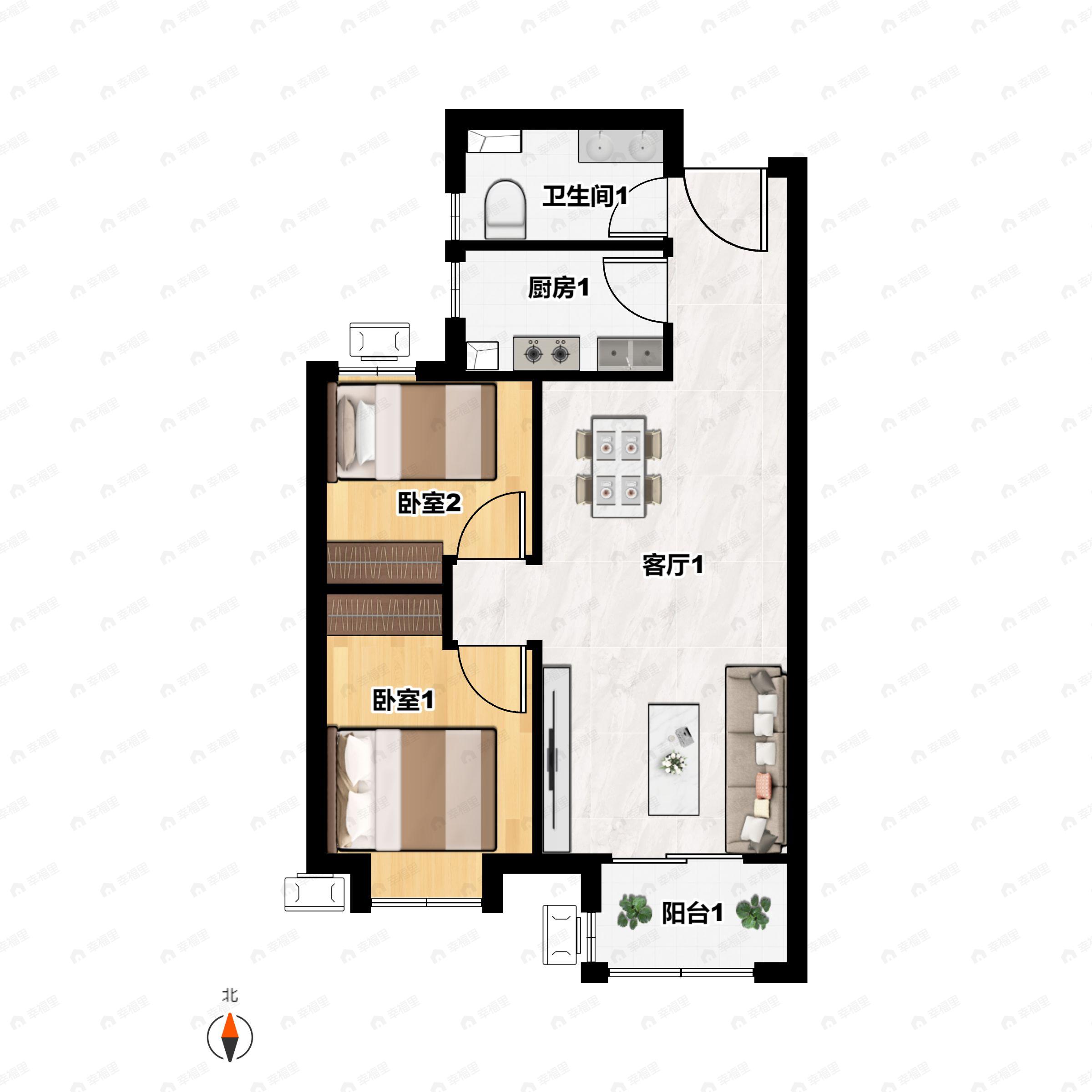 2室2厅1卫建面78平南|北户型图