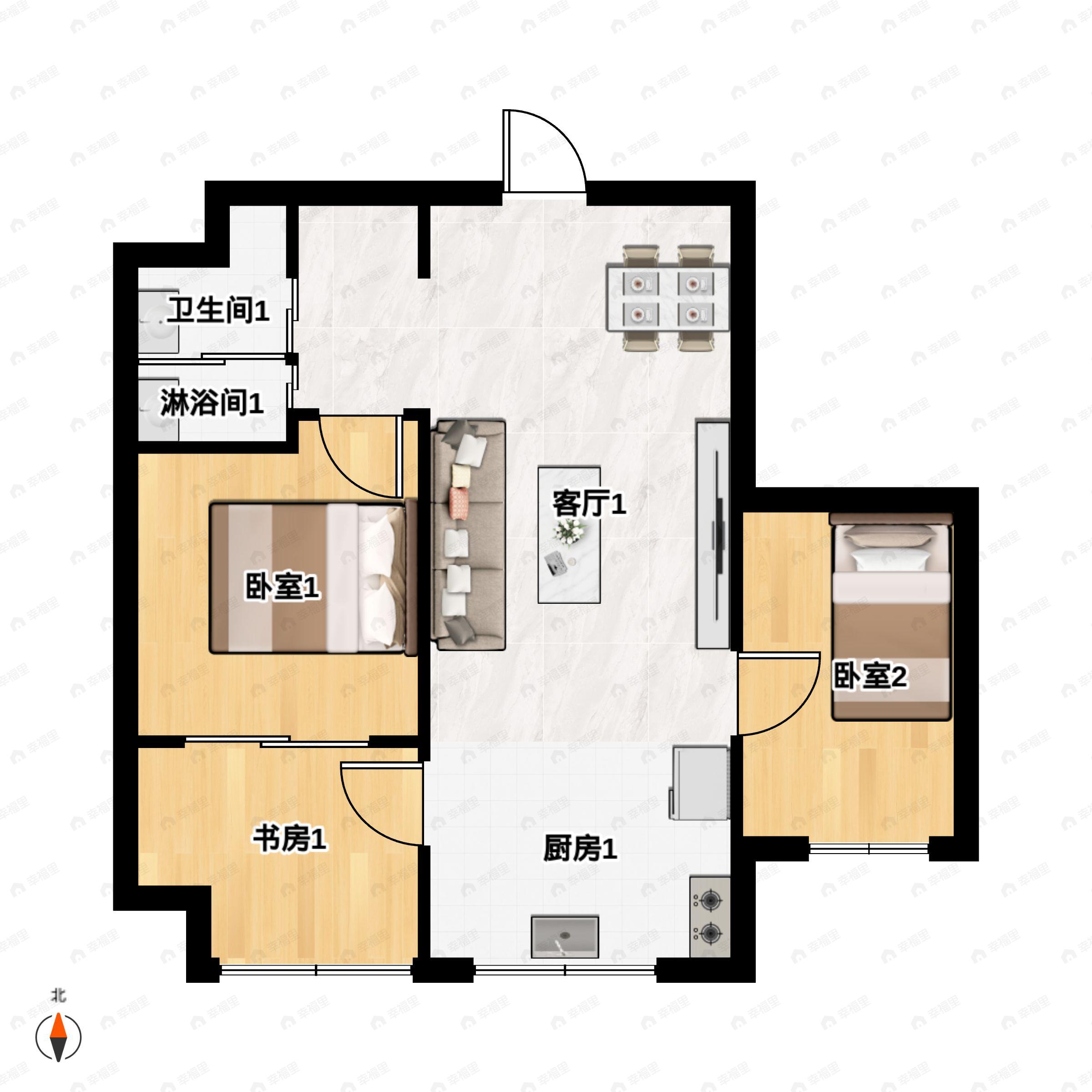 2室1厅1卫建面62平户型图