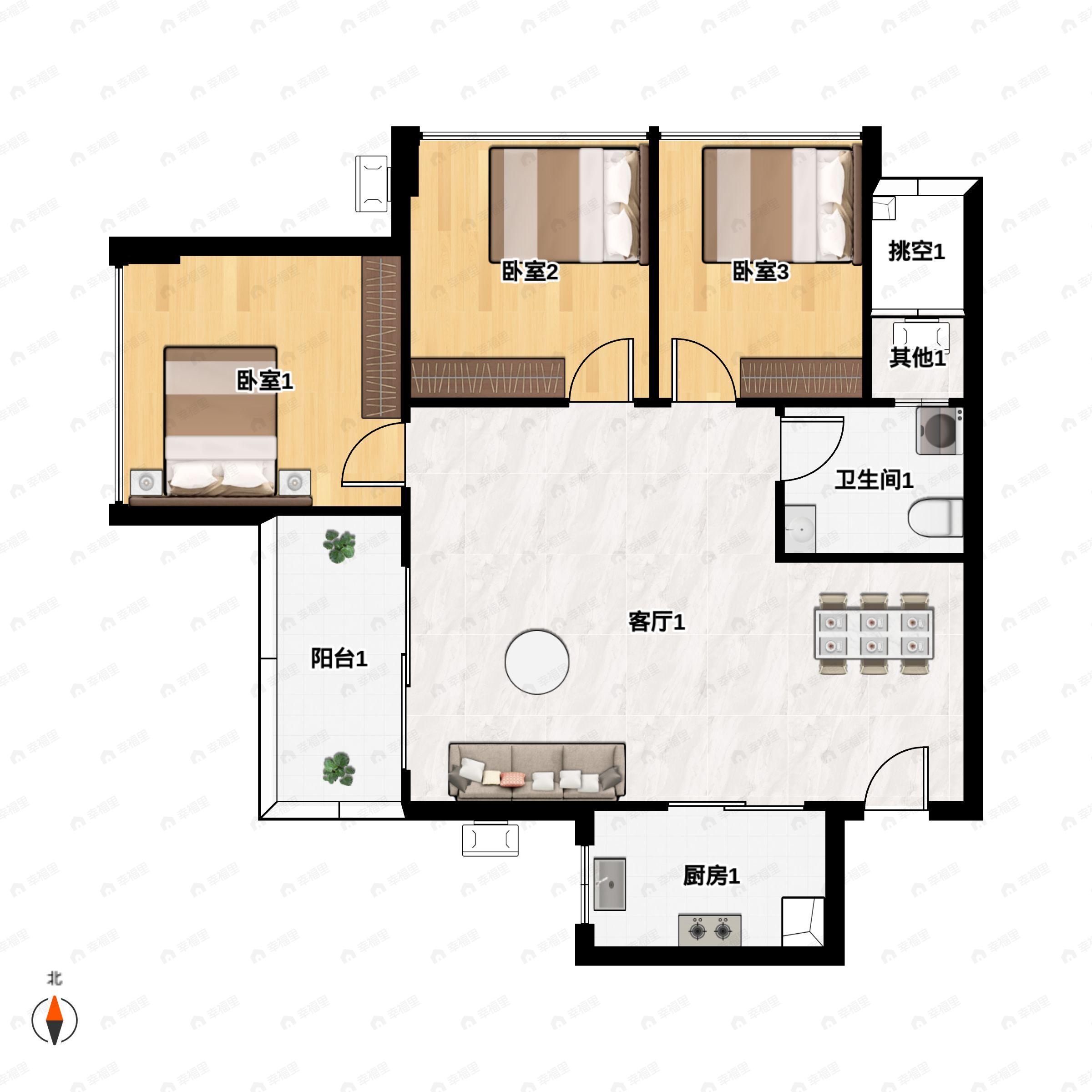 3室2厅1卫建面77平户型图