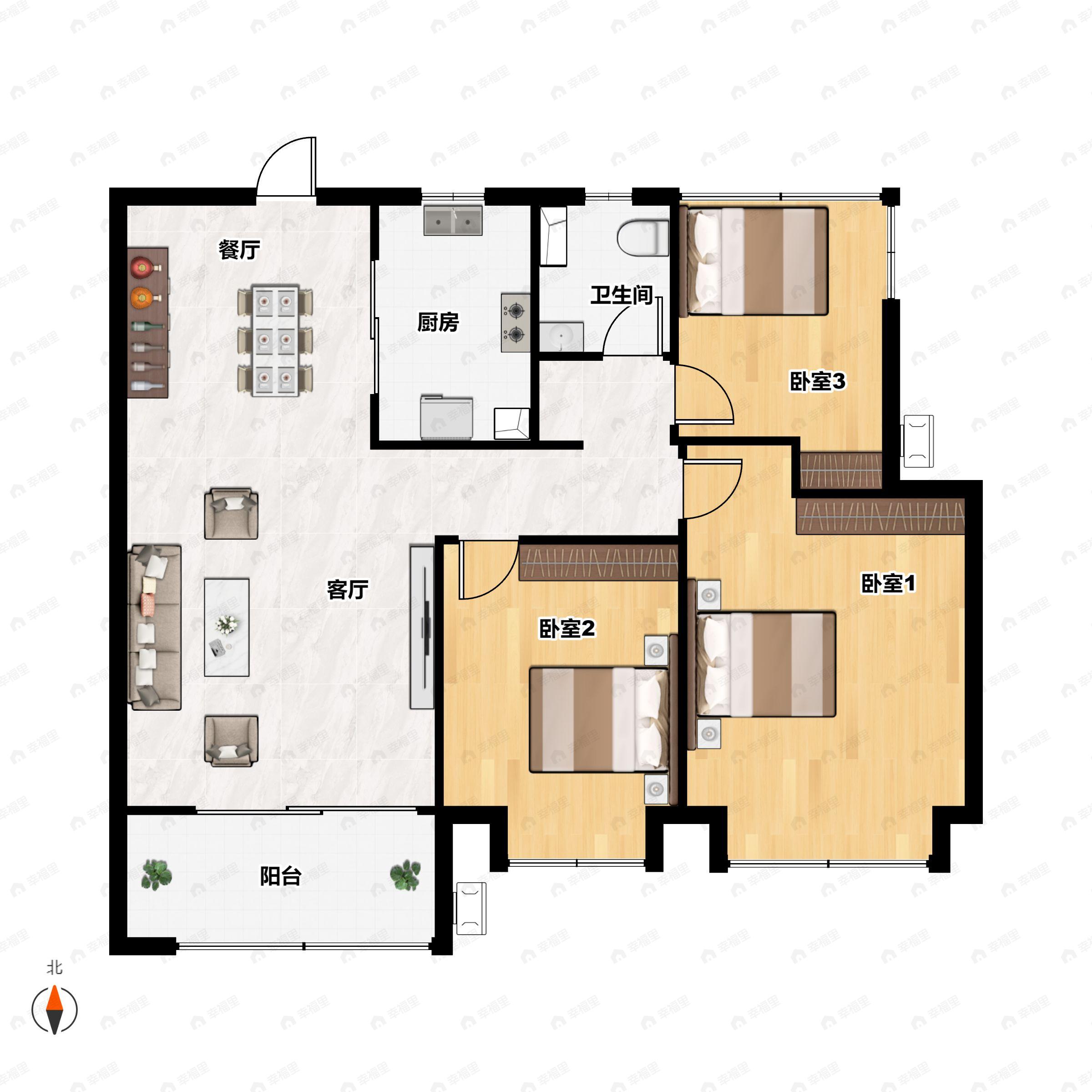3室2厅1卫建面89m²南|北户型图