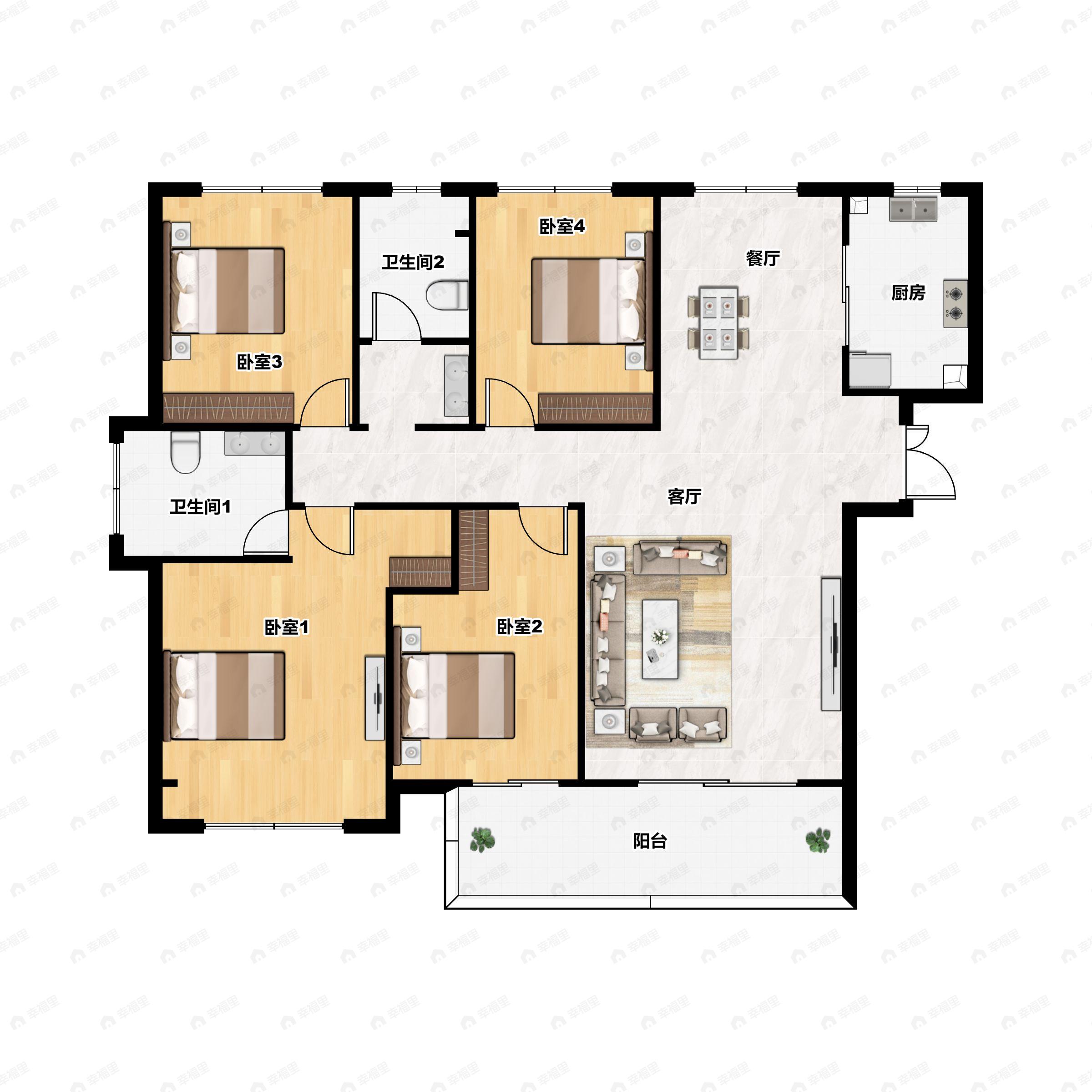 4室2厅2卫建面139平北|南户型图