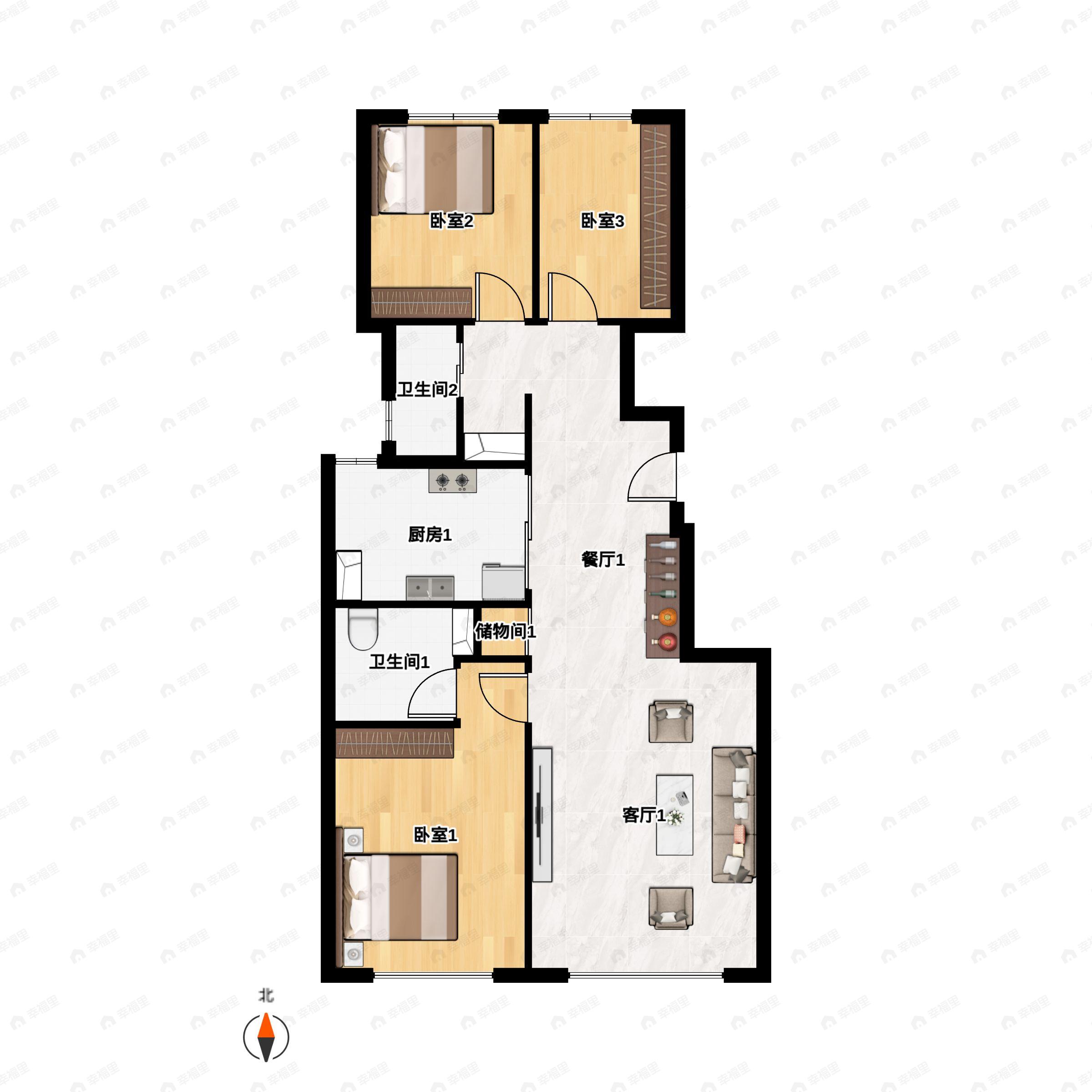 3室2厅2卫建面98平北|南户型图