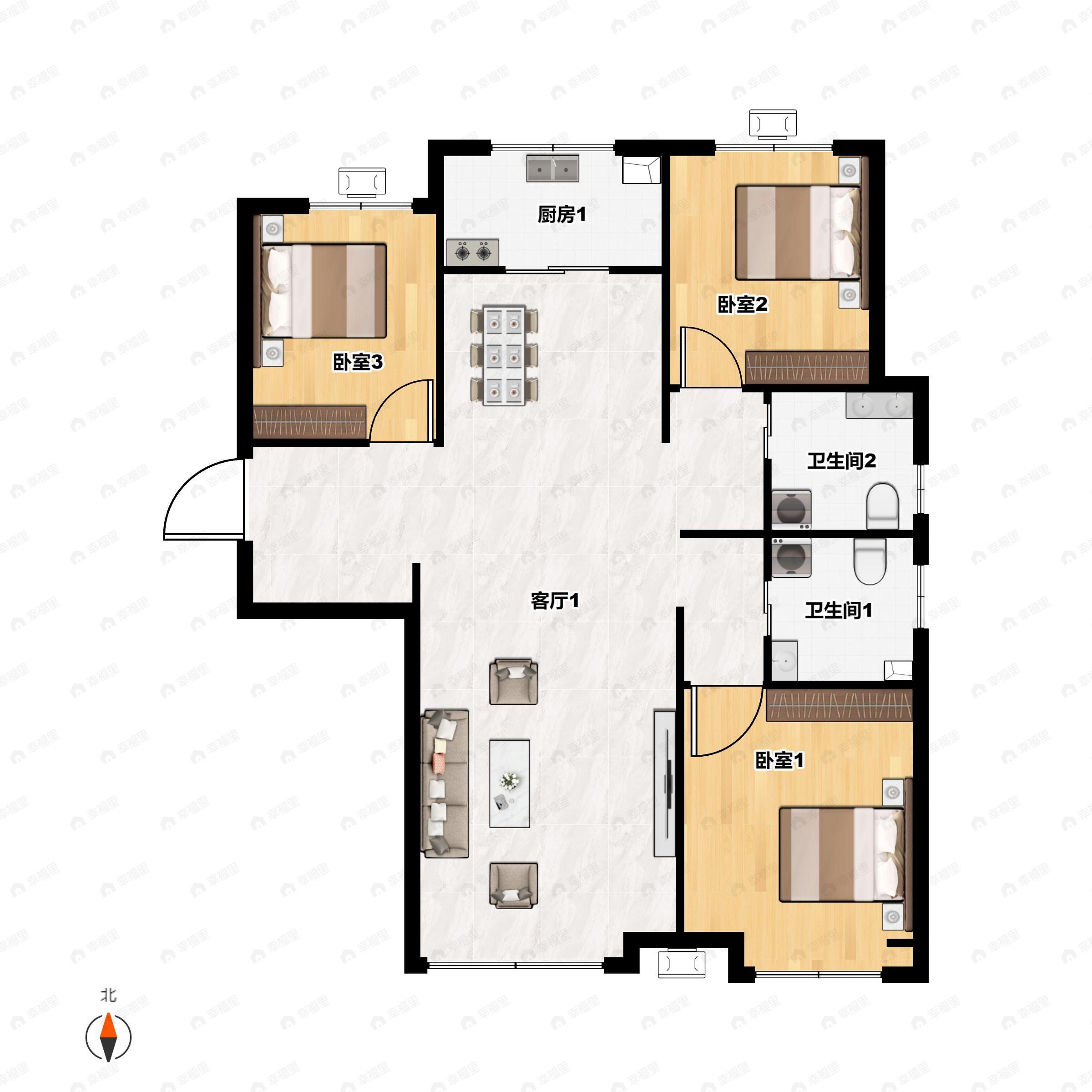3室2厅2卫建面120平北|南户型图