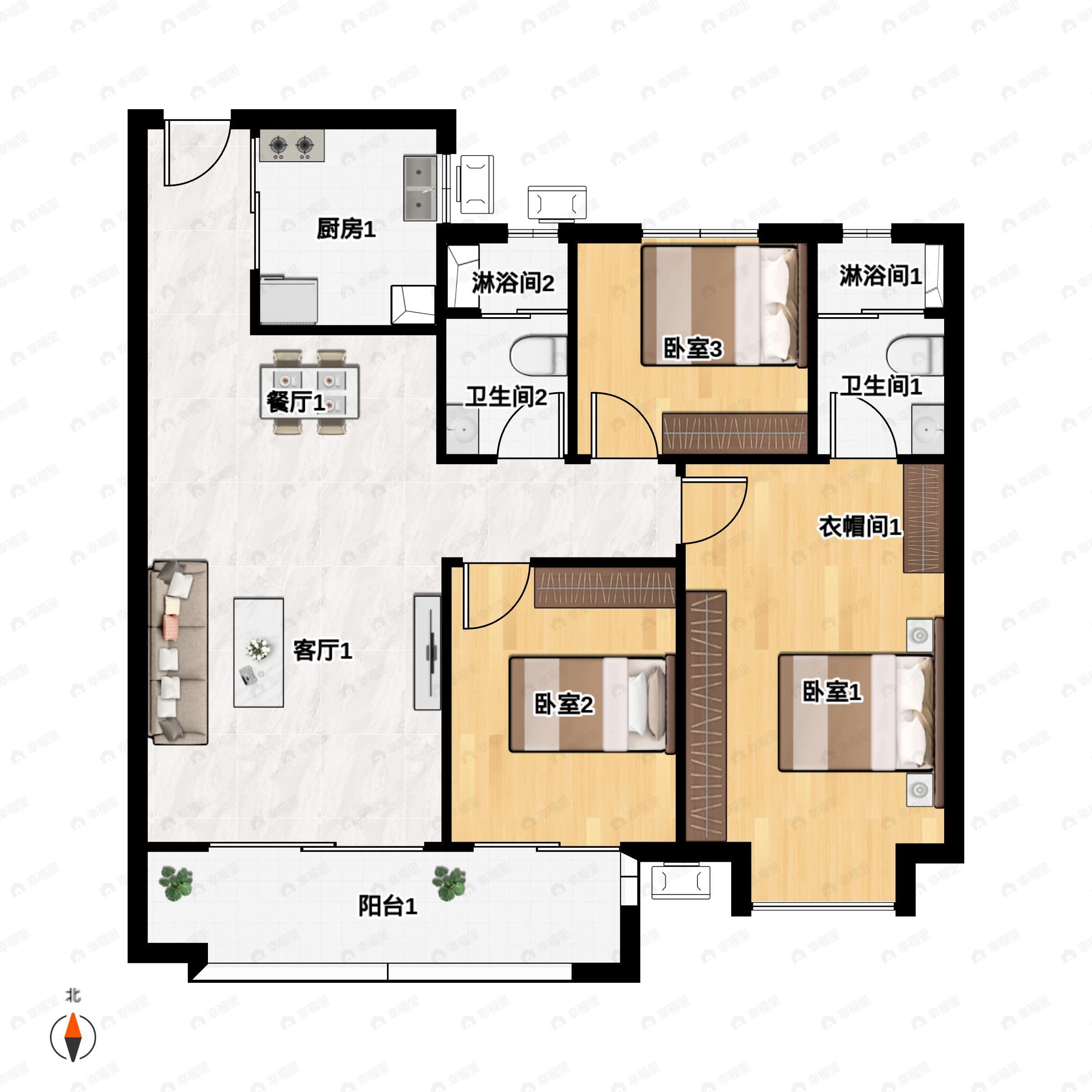 3室2厅2卫建面109平户型图