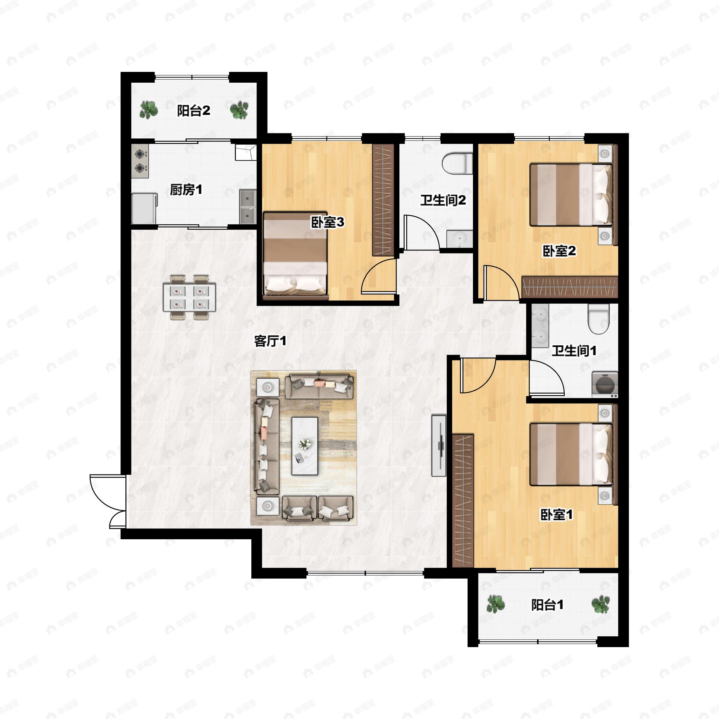 3室2厅2卫建面161m²南户型图