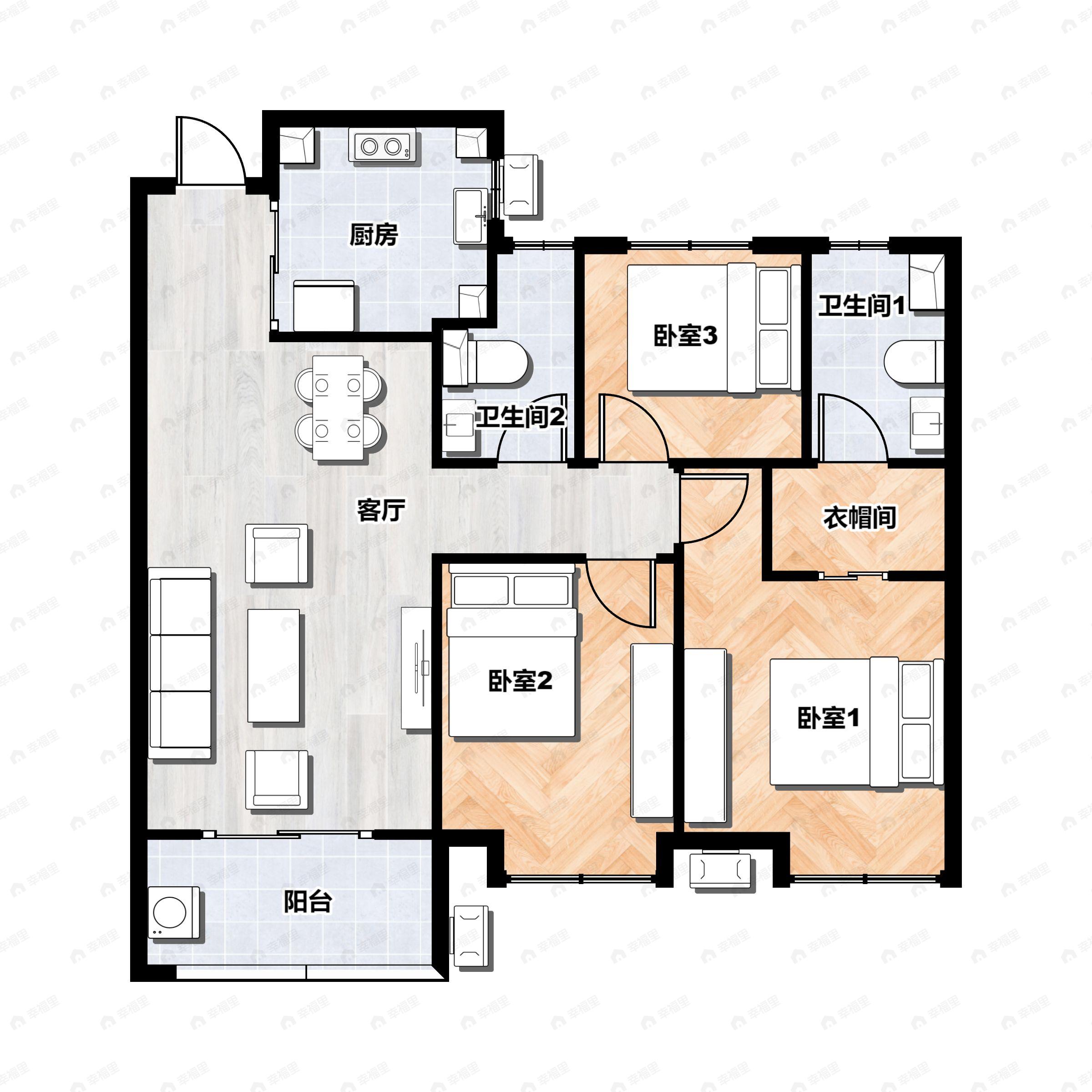 3室2厅2卫建面100平南户型图