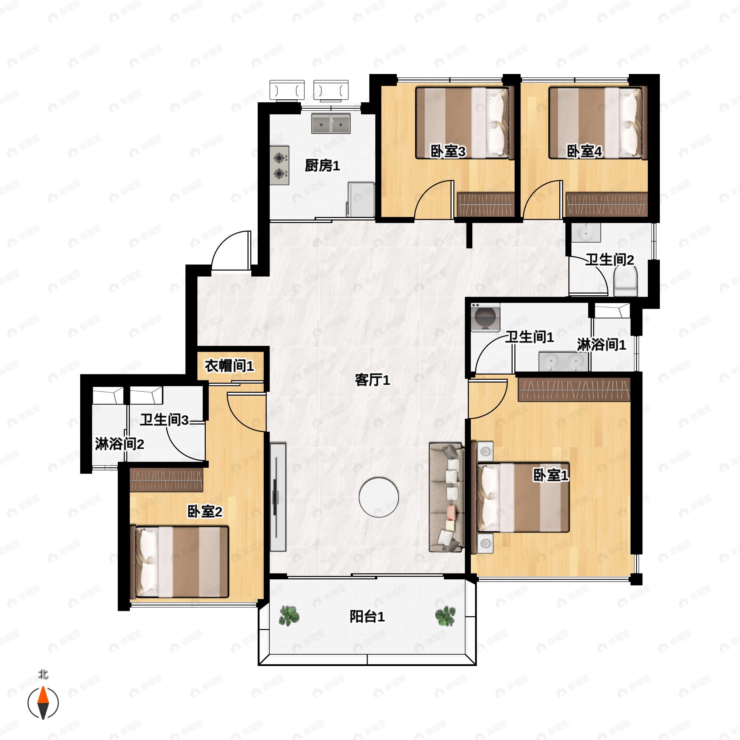 4室2厅2卫建面143平南户型图