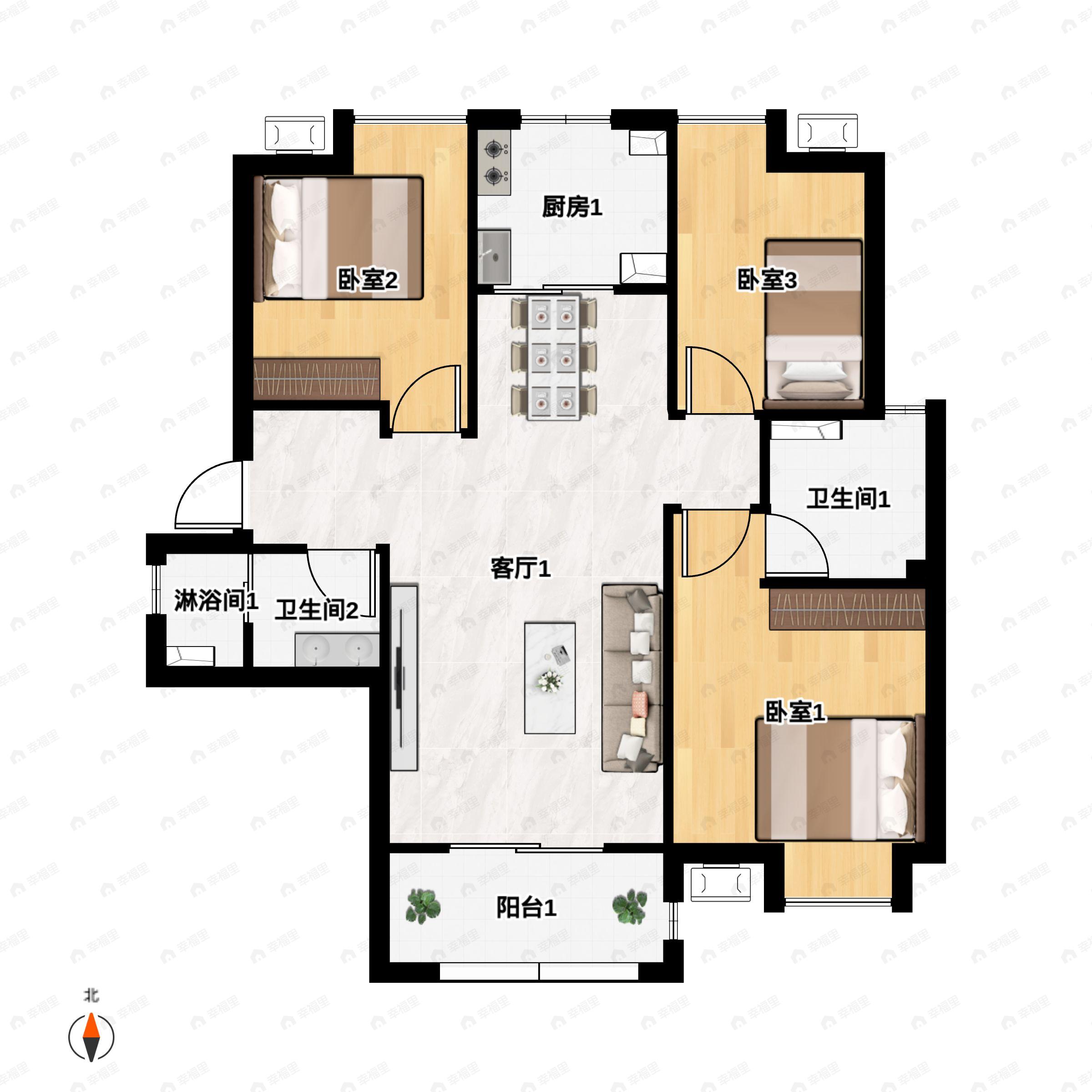 3室2厅2卫建面112平北|南户型图