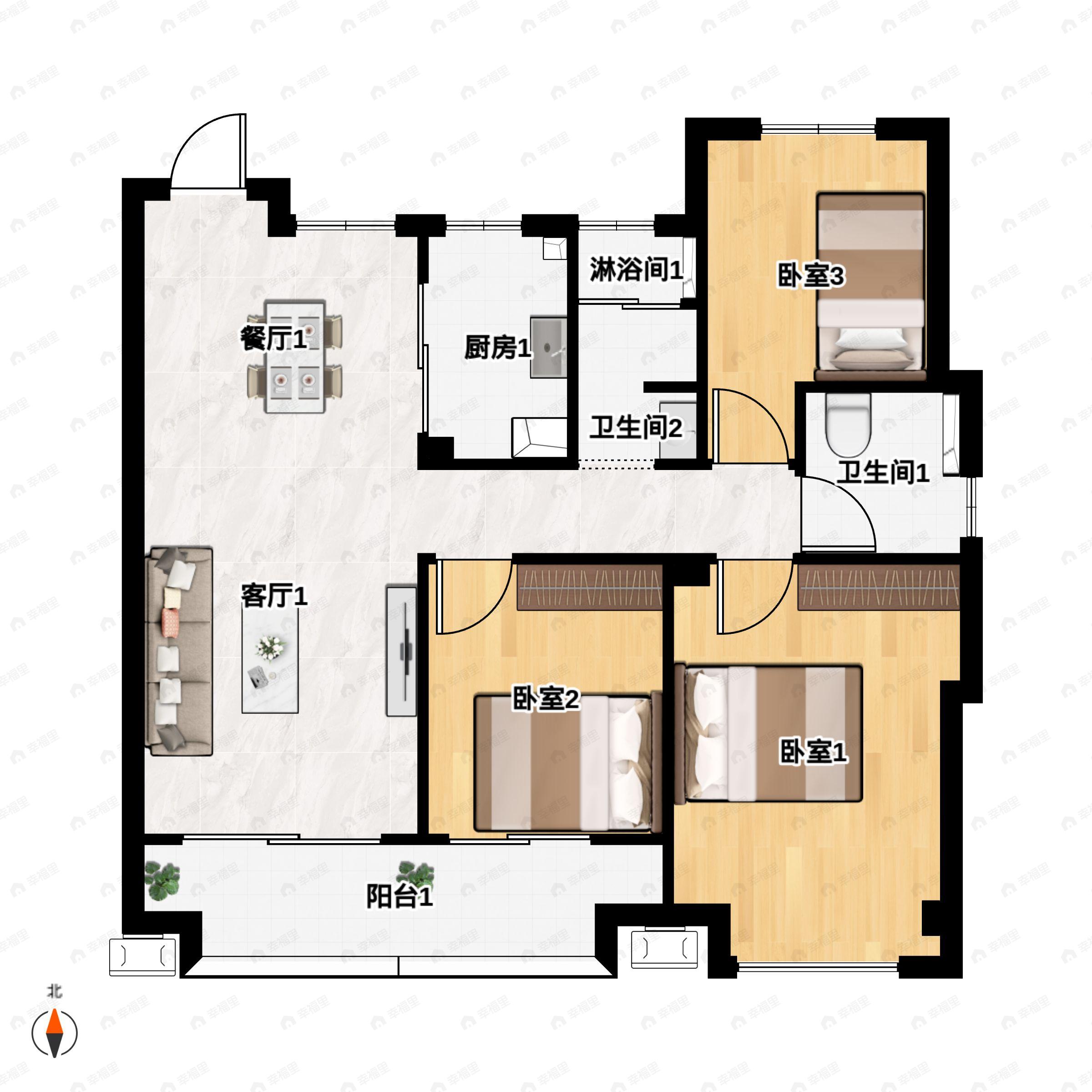 3室2厅2卫建面116m²南户型图