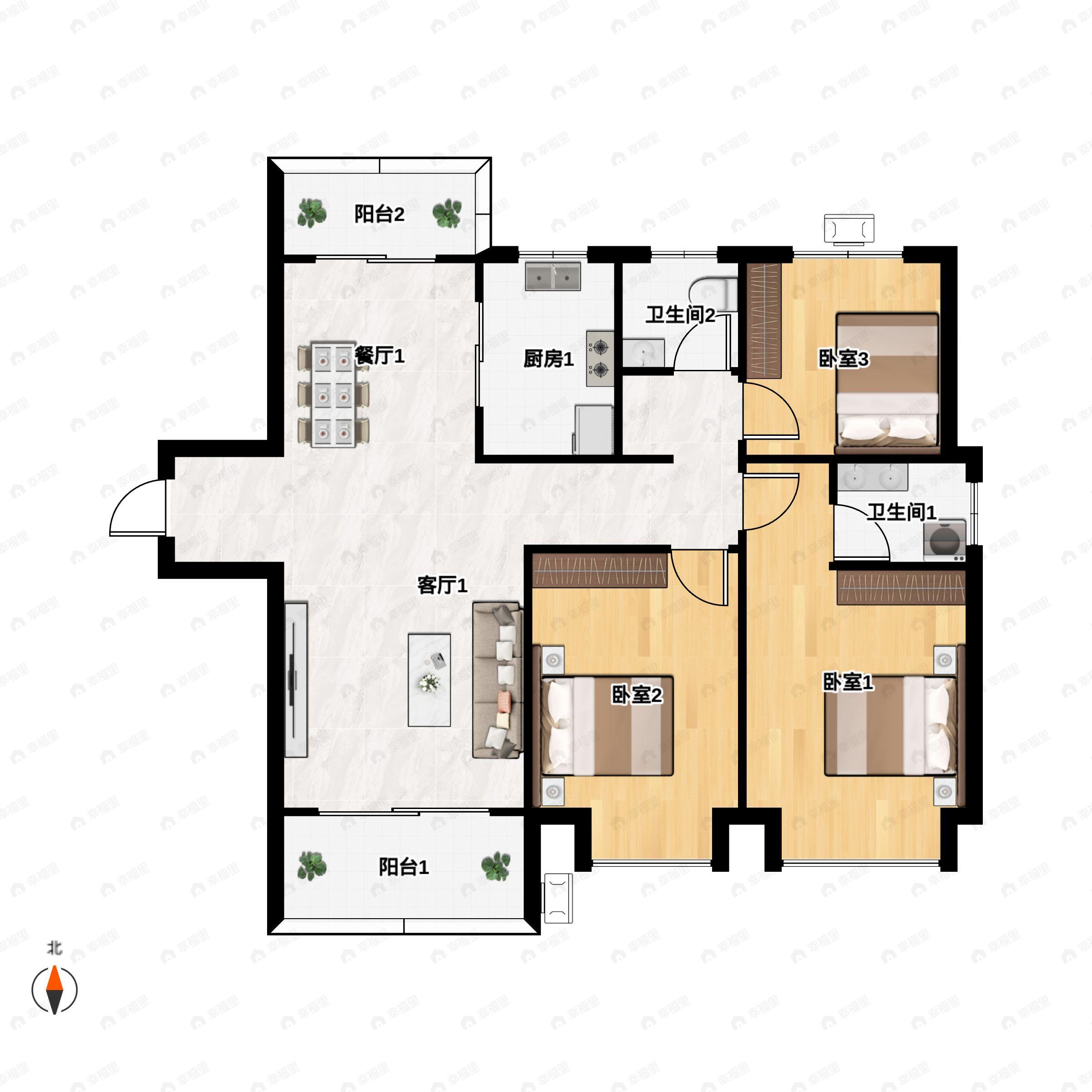 3室2厅2卫建面110m²北|南户型图